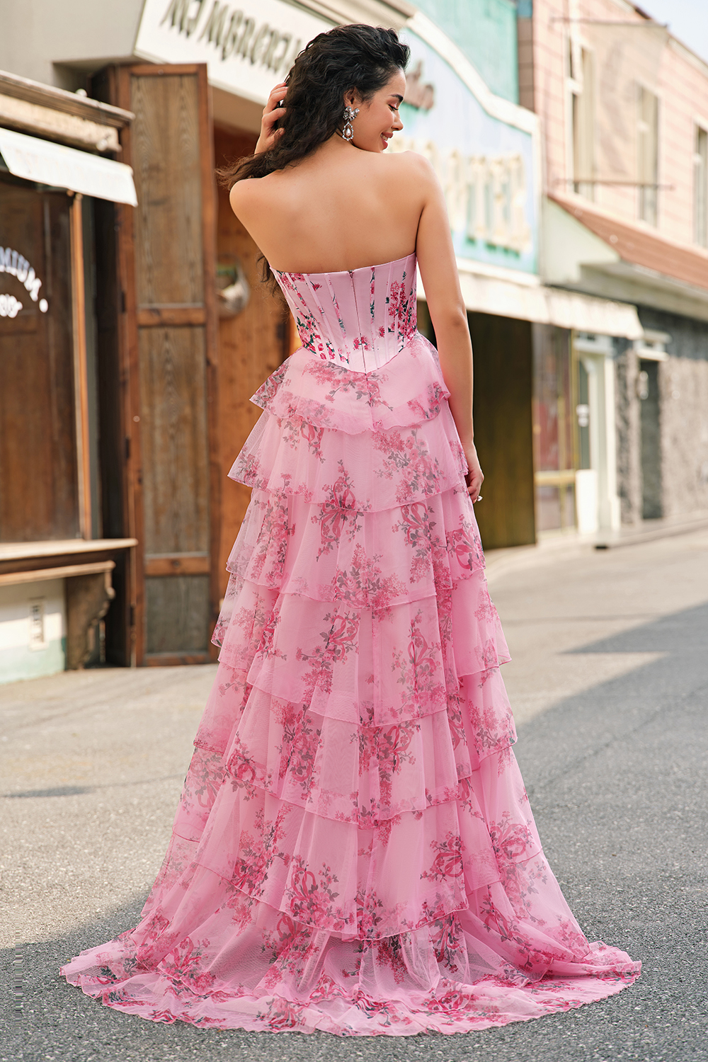 A Line Blush Sweetheart Corset Floral Ruffled Long Prom Dress with Slit