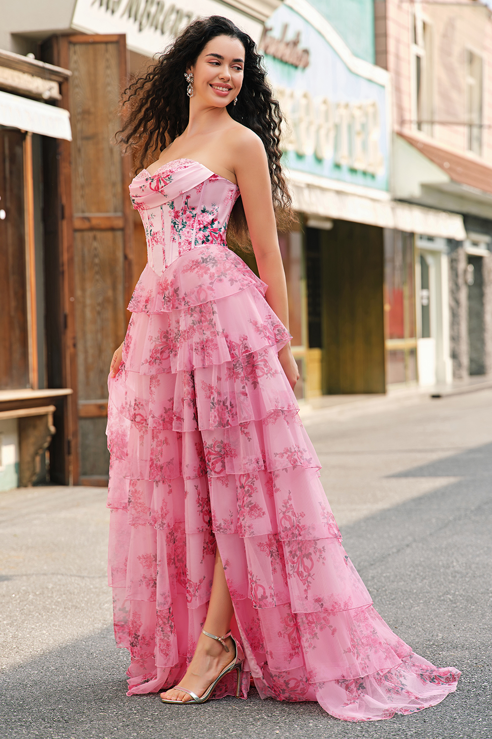 A Line Blush Sweetheart Corset Floral Ruffled Long Prom Dress with Slit