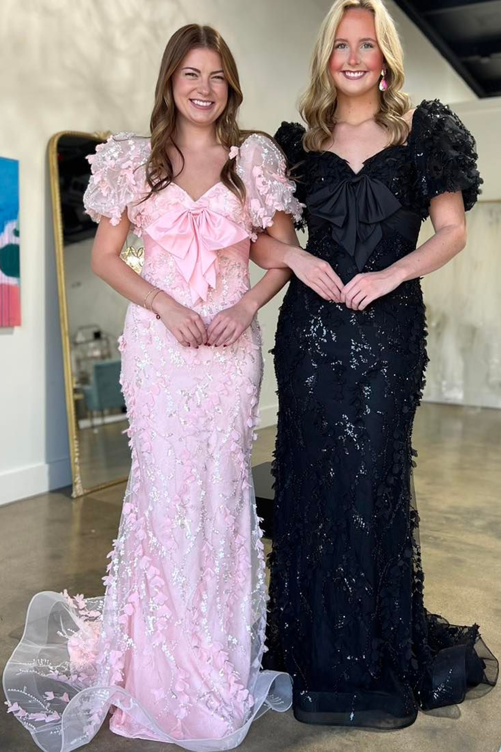 Blue Mermaid Floral Long Prom Dress with Short Sleeves