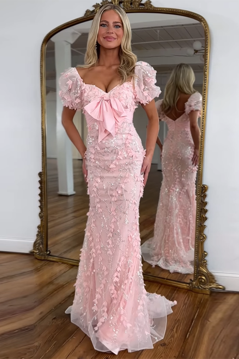 Floral Pink Mermaid Long Prom Dress with PuffSleeves