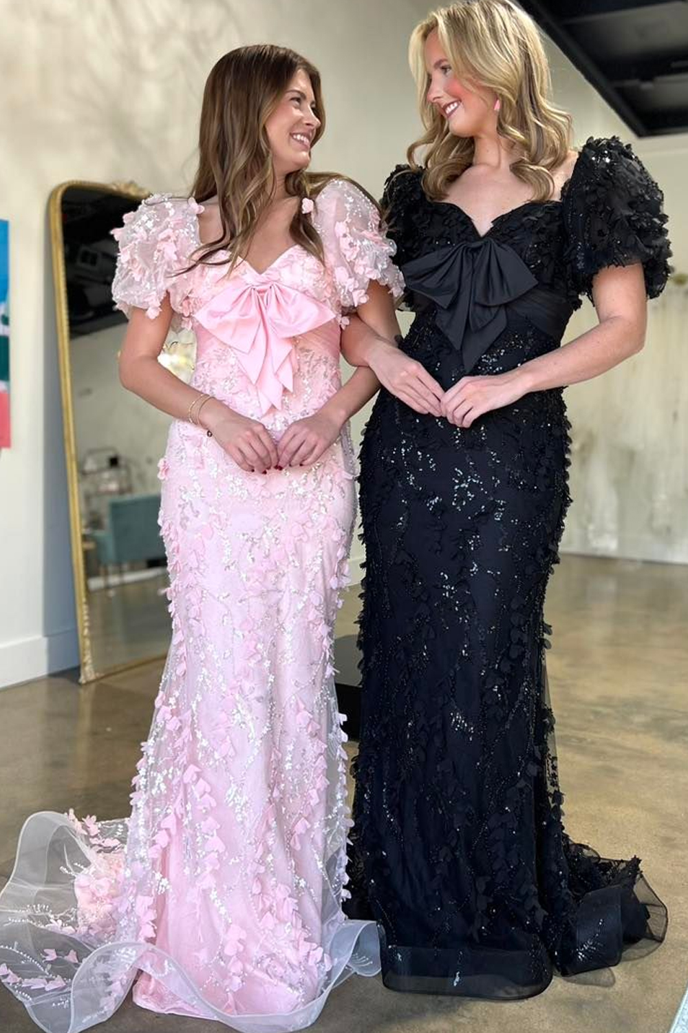 Blue Mermaid Floral Long Prom Dress with Short Sleeves