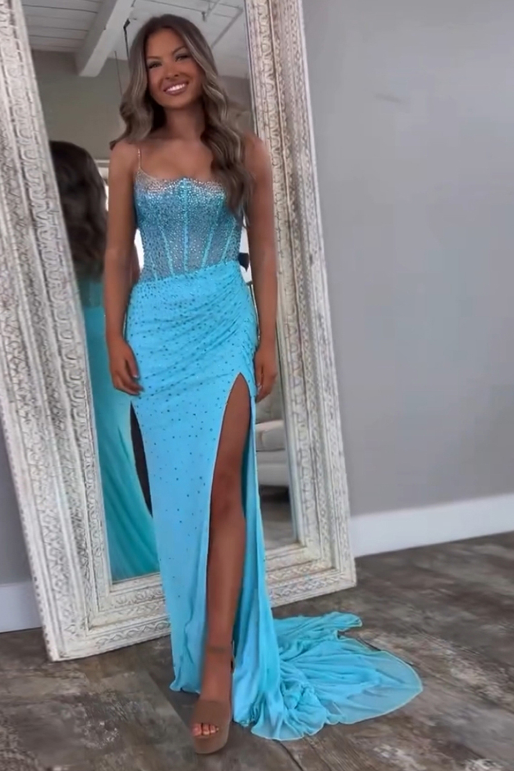 Sparkly Orange Corset Spaghetti Straps Long Prom Dress with Slit