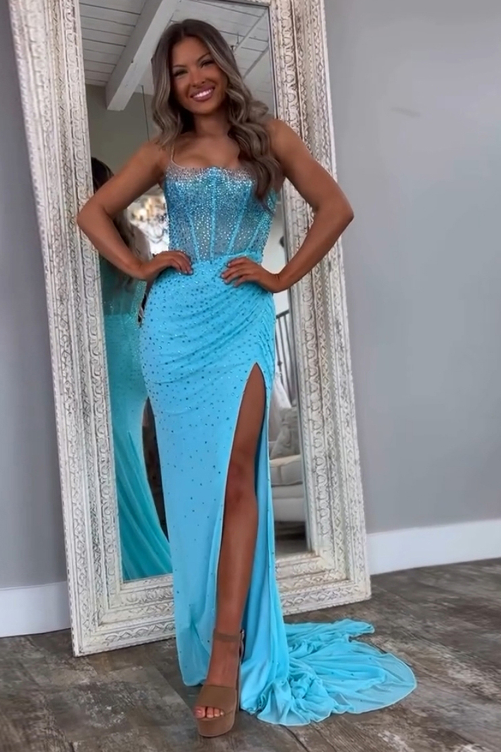 Sparkly Orange Corset Spaghetti Straps Long Prom Dress with Slit