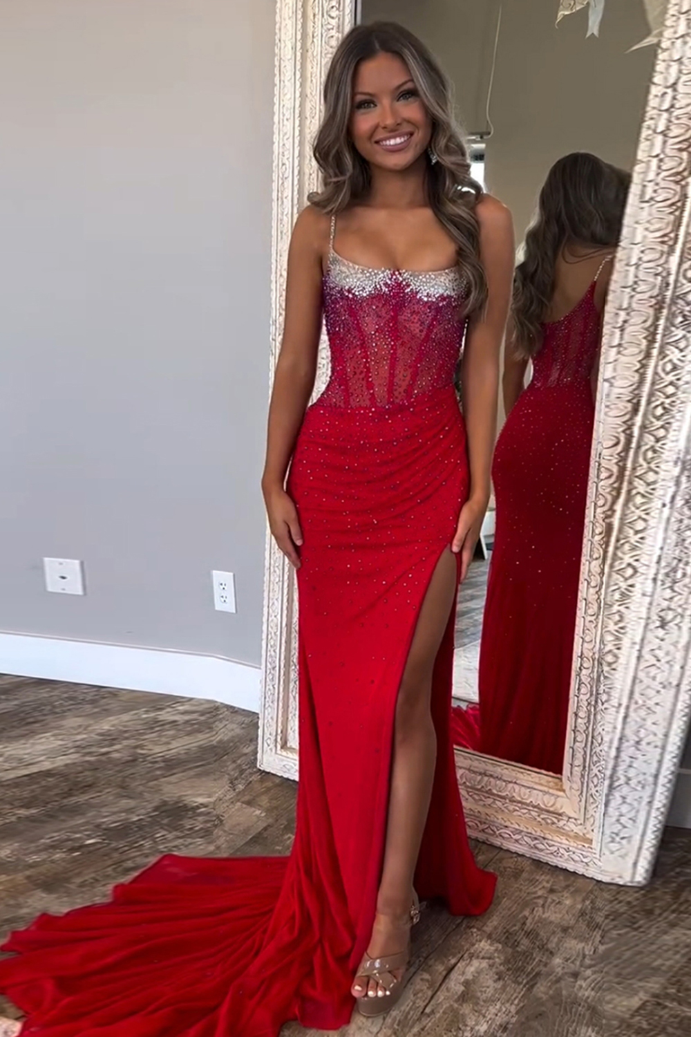 Mermaid Sparkly Black Spaghetti Straps Corset Long Prom Dress with Slit