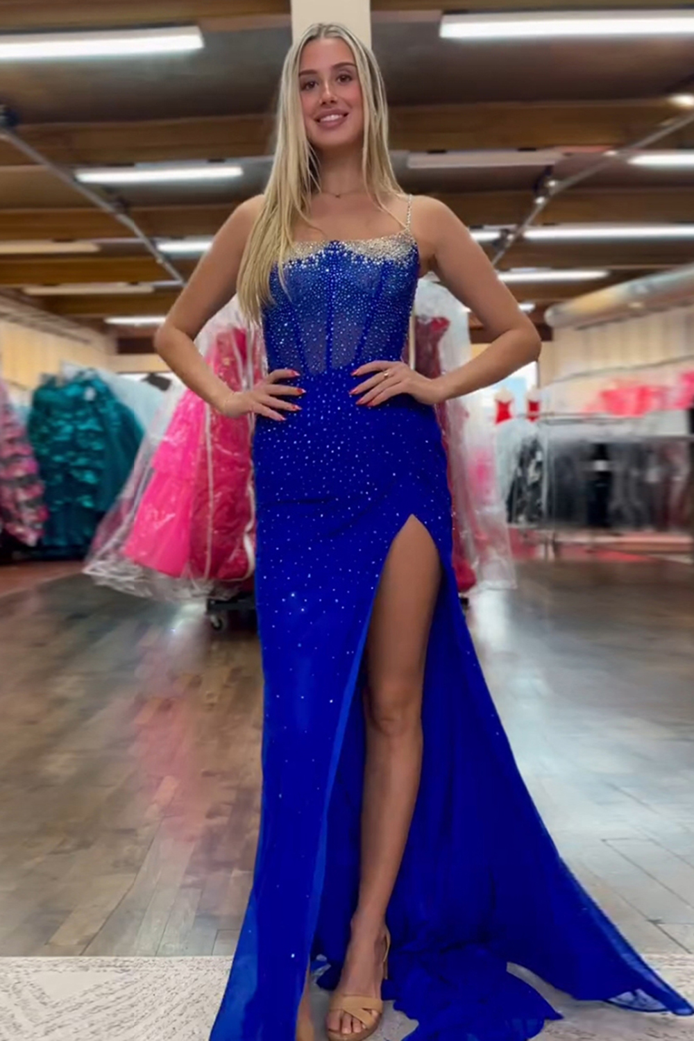 Sparkly Orange Corset Spaghetti Straps Long Prom Dress with Slit