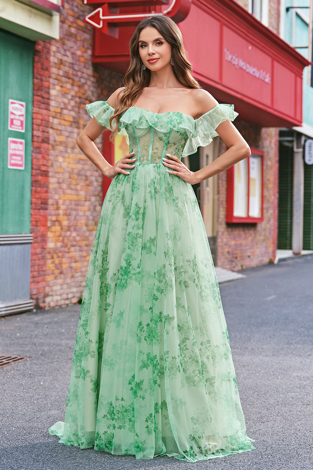 Maxi Green Off The Shoulder Corset A Line Floral Long Prom Dress