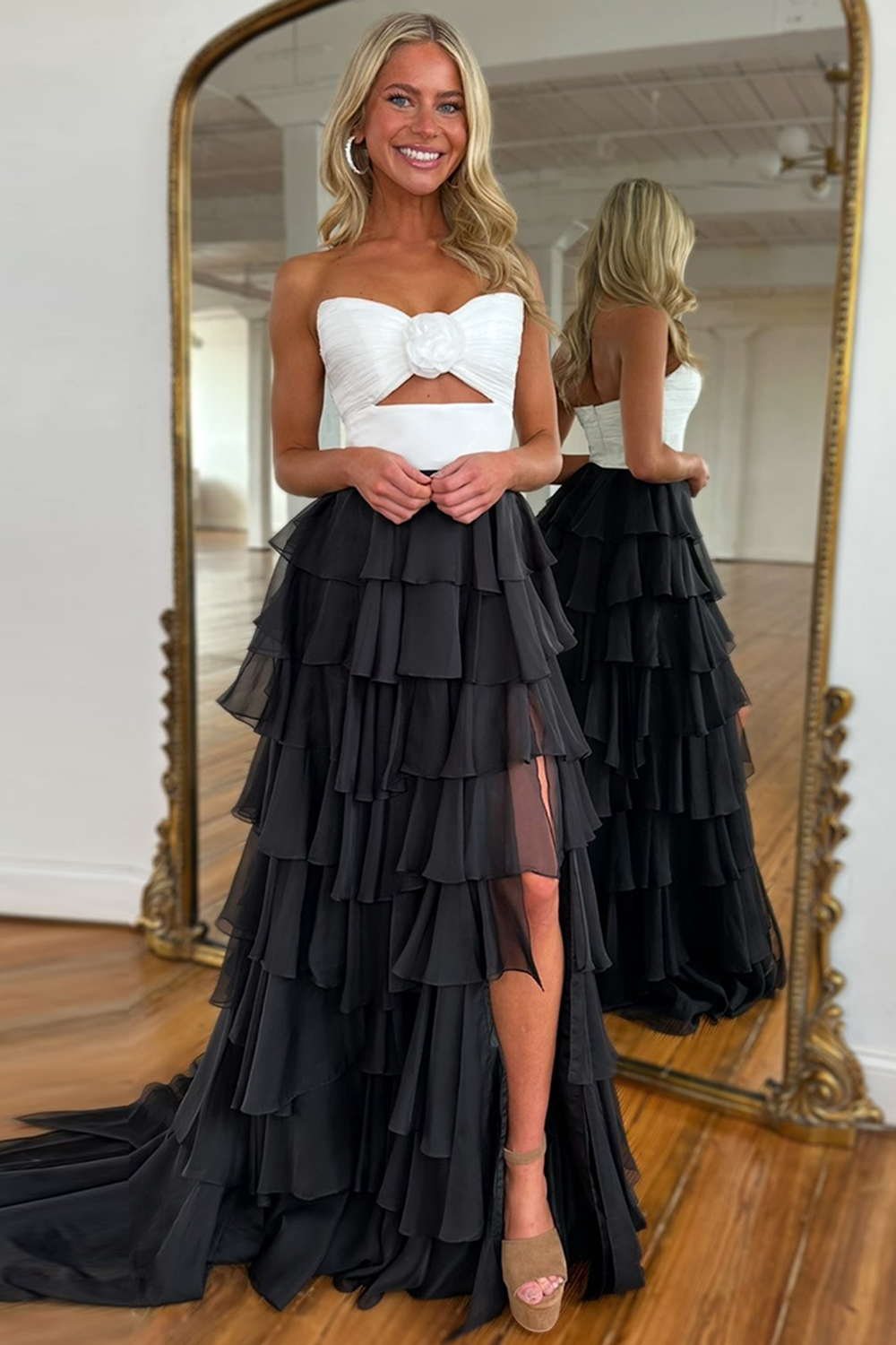 Black White Sweetheart Ruffled Long Prom Dress with Slit