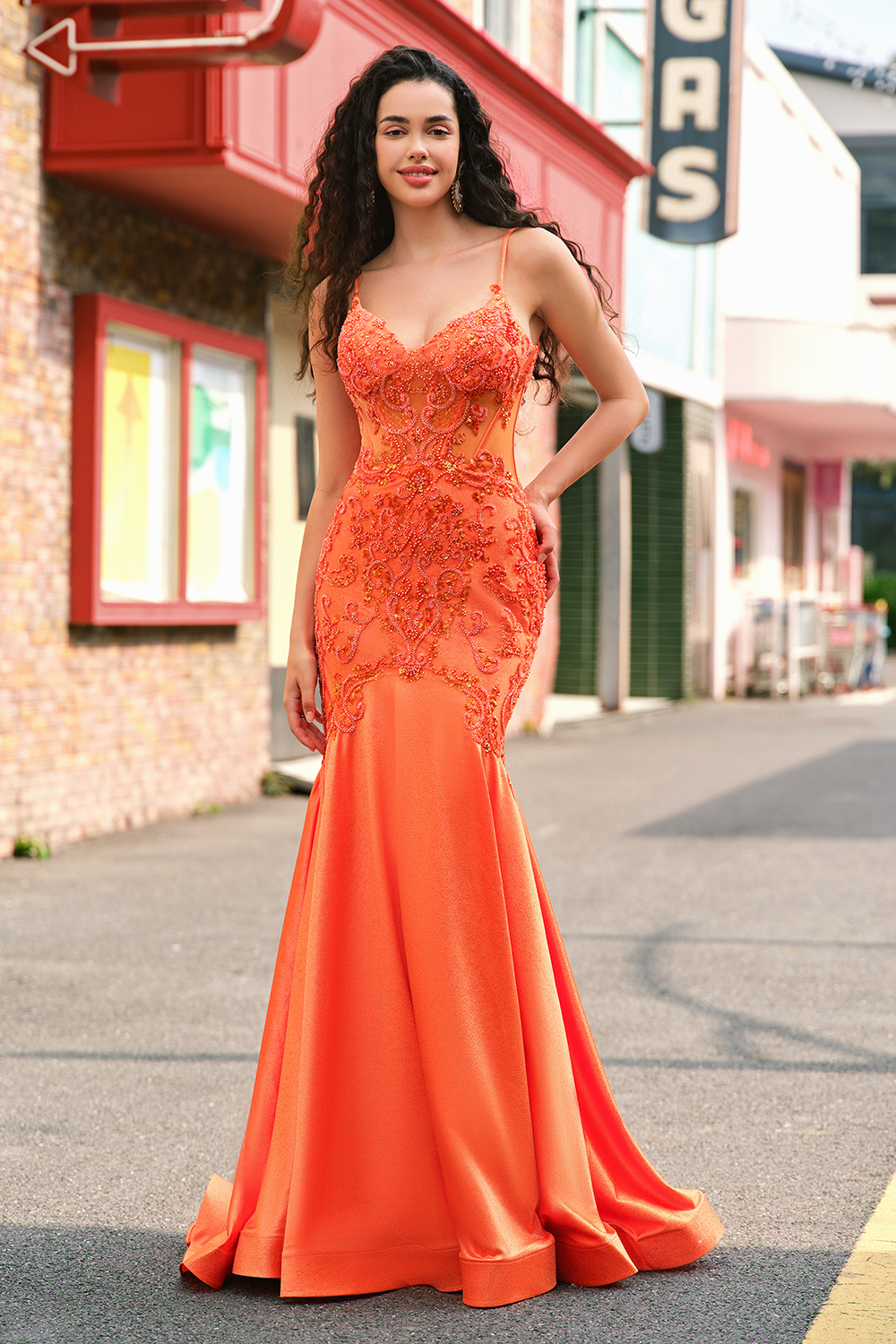 Sparkly Orange Lace Mermaid Long Prom Dress with Appliques