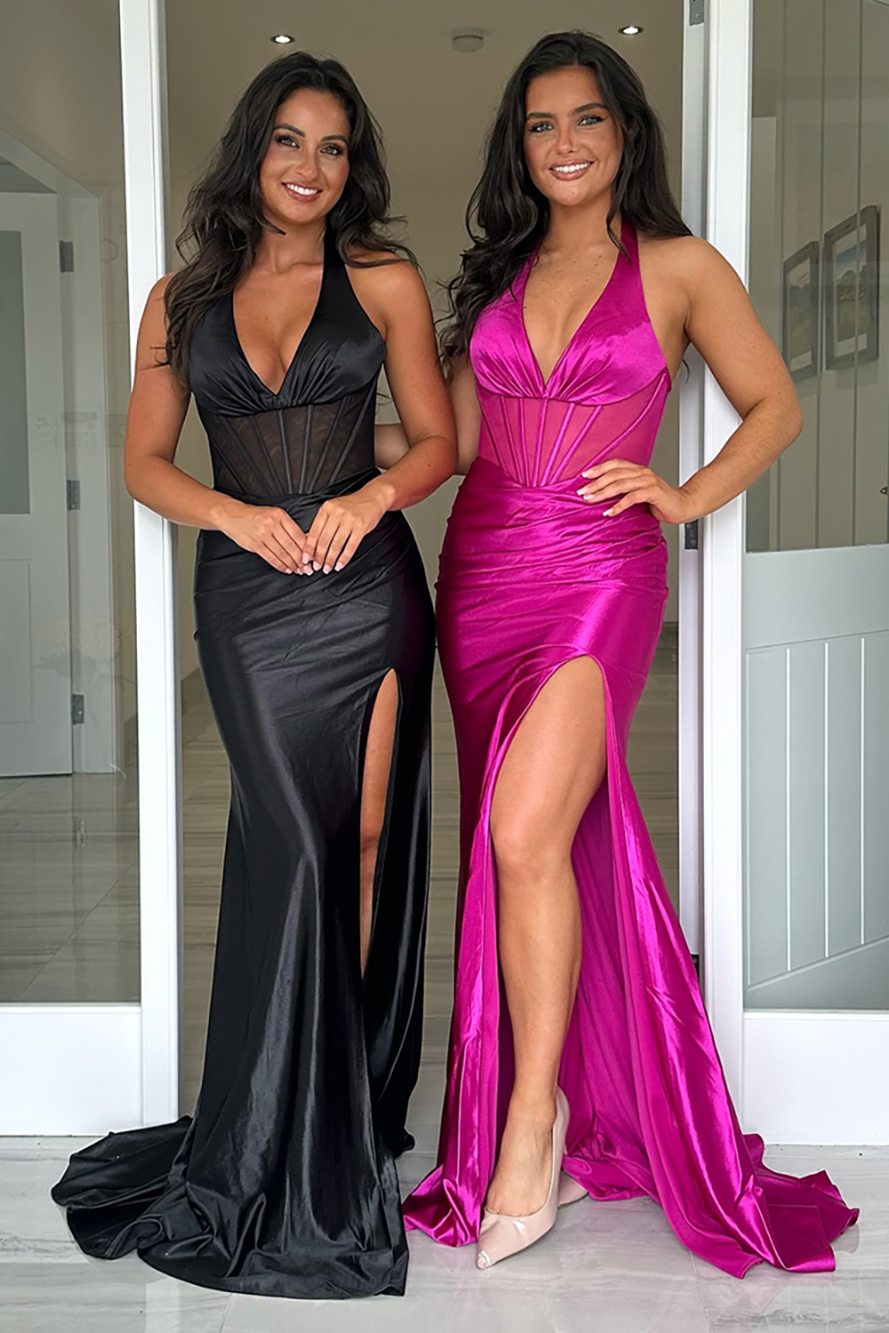 Black Mermaid Ruche Halter Corset Long Prom Dress with Slit