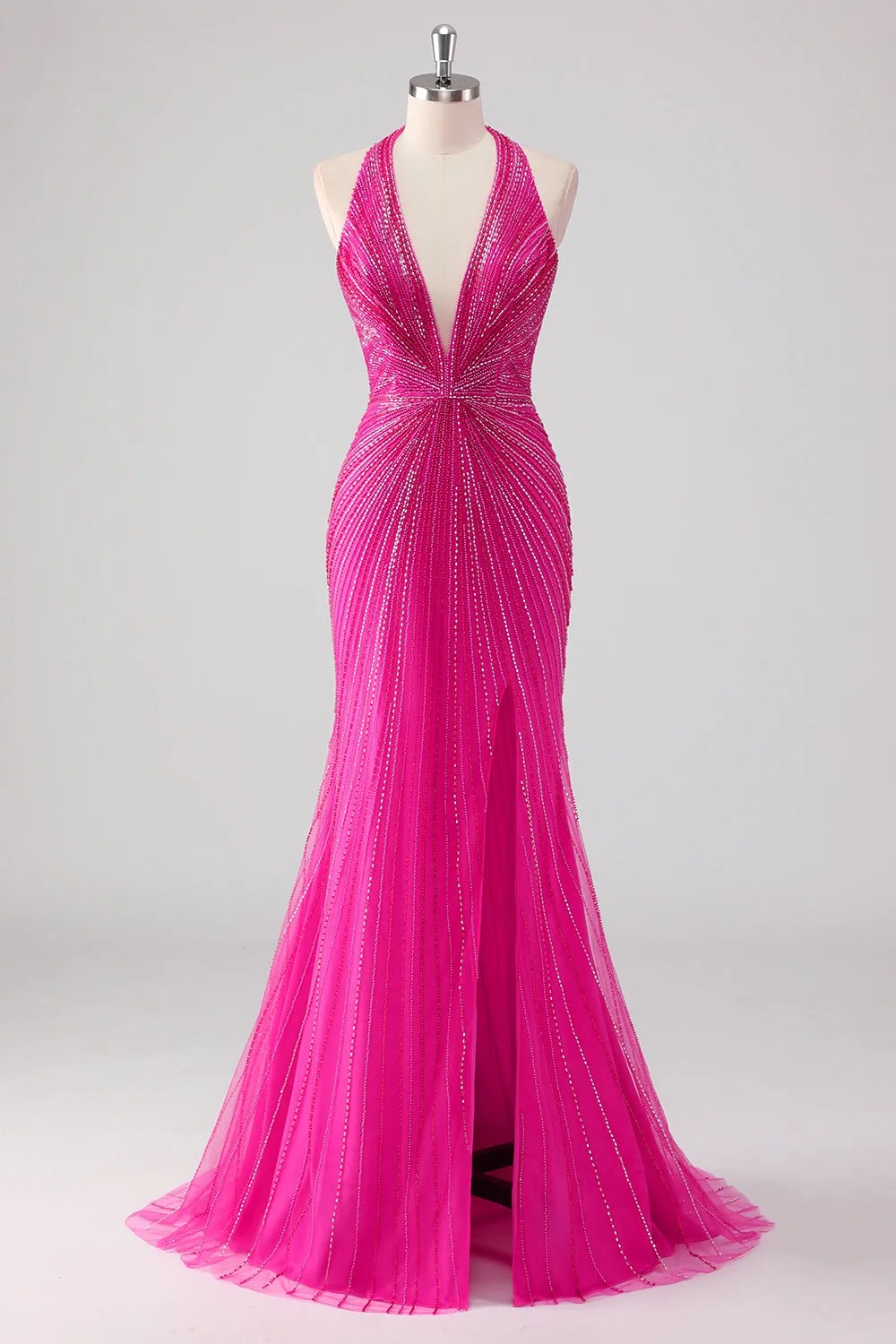 Sparkly Fuchsia Halter Long Prom Drees with Slit