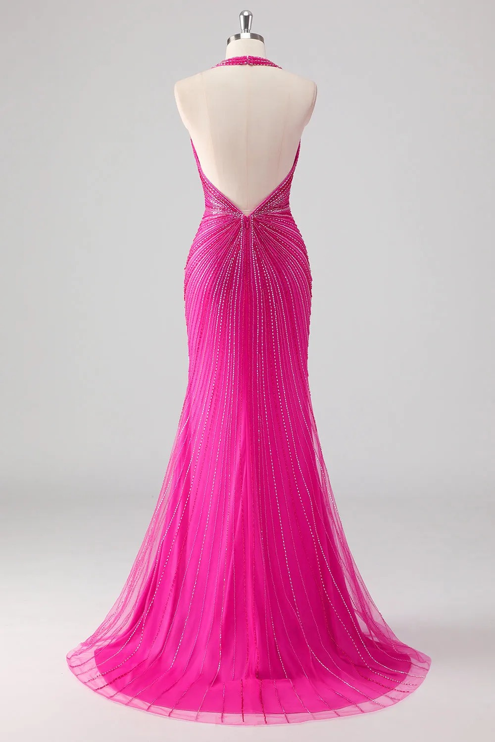 Sparkly Fuchsia Halter Long Prom Drees with Slit