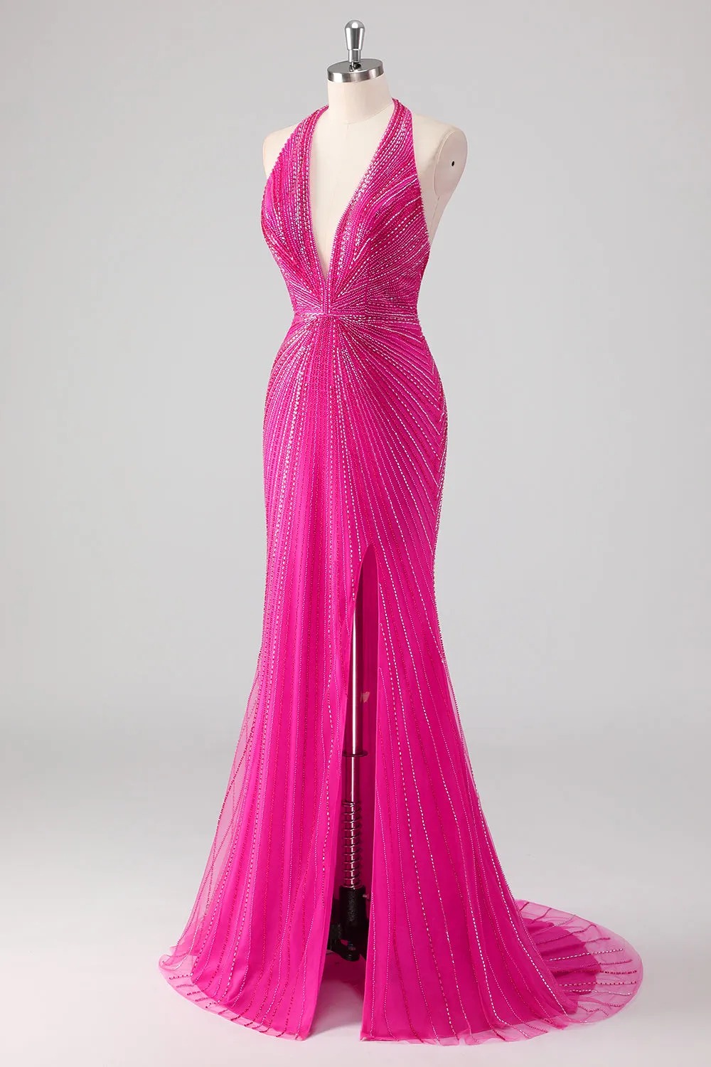 Sparkly Fuchsia Halter Long Prom Drees with Slit