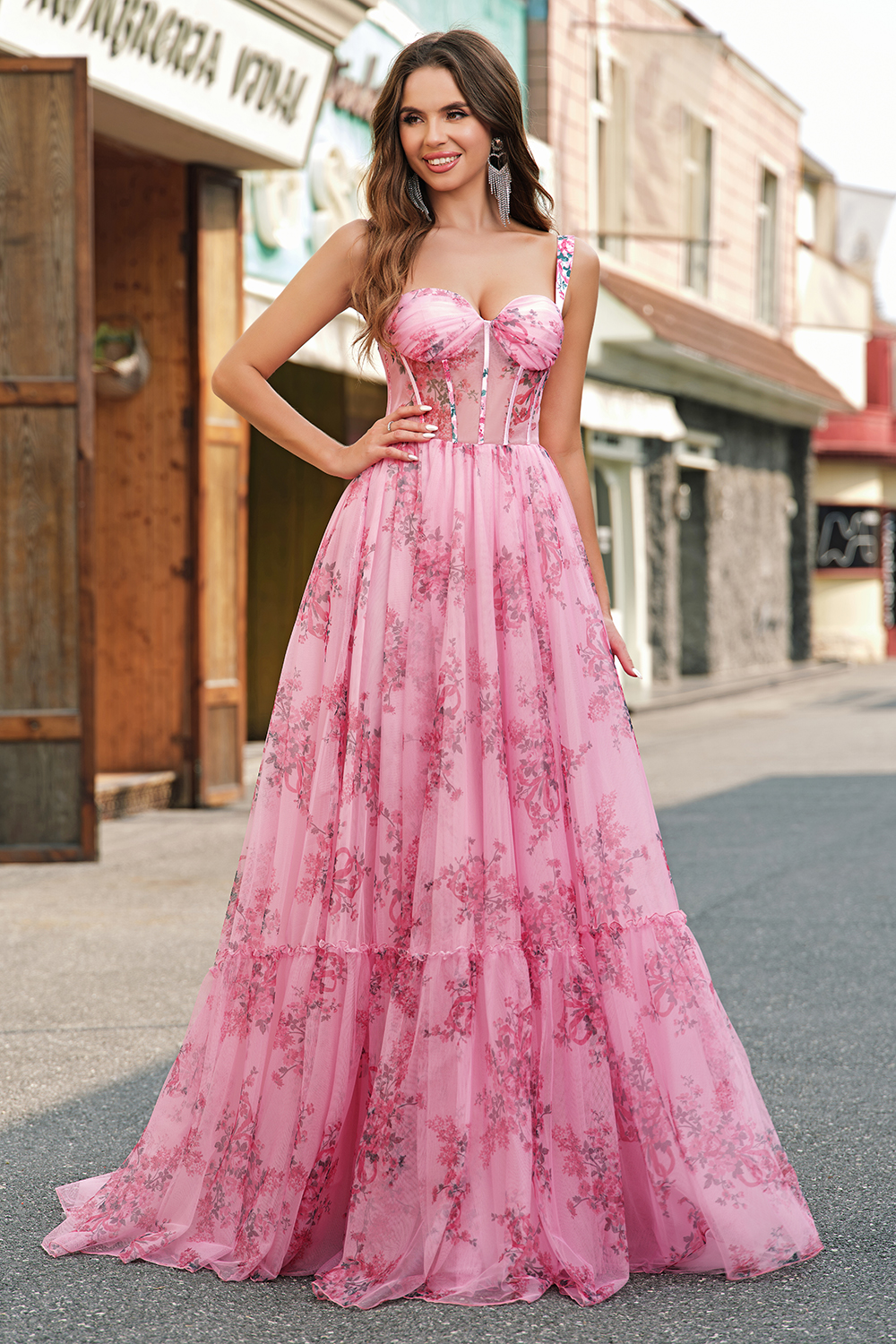 Blush Corset A-Line Floral Chiffon Long Prom Dress
