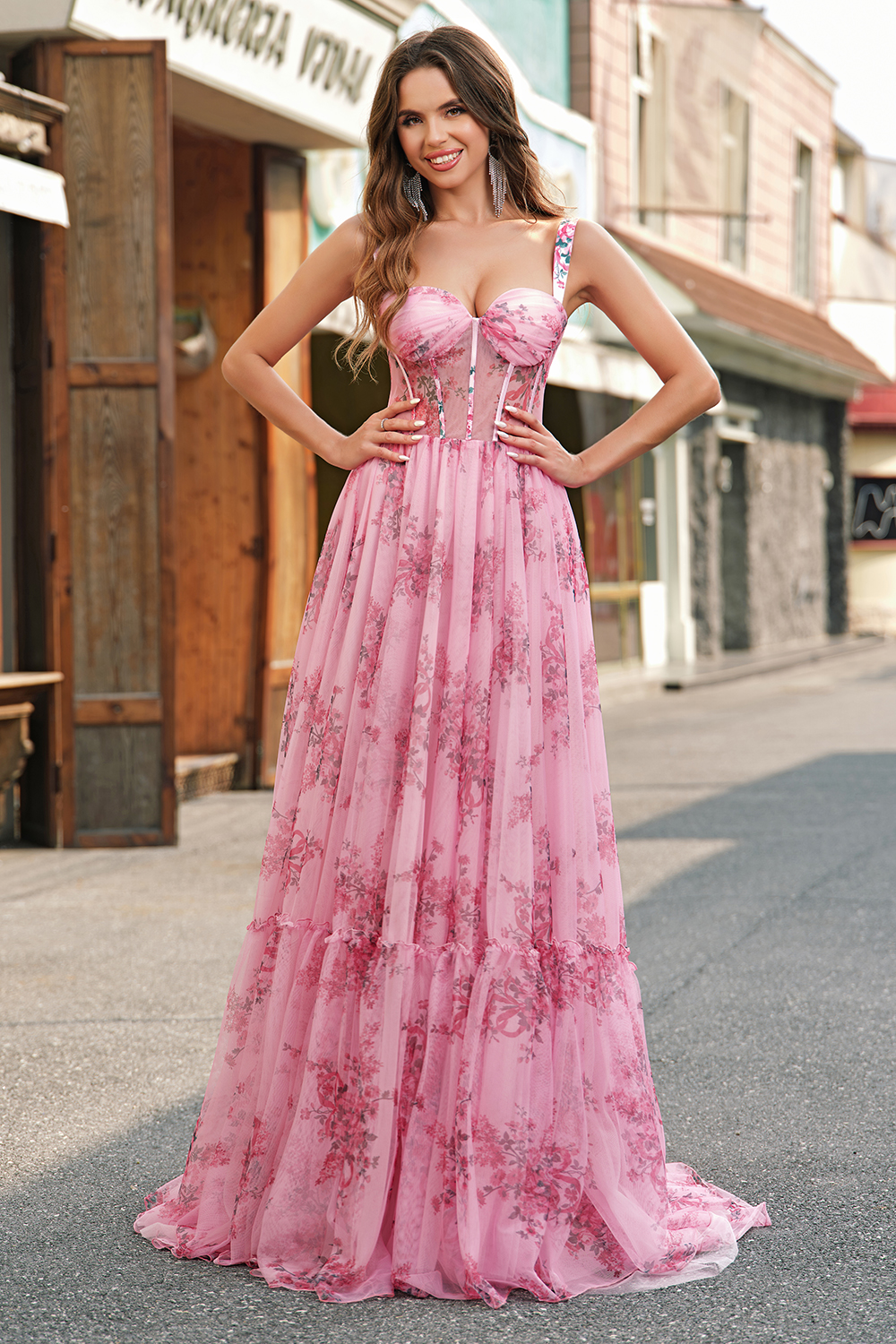 Blush Corset A-Line Floral Chiffon Long Prom Dress