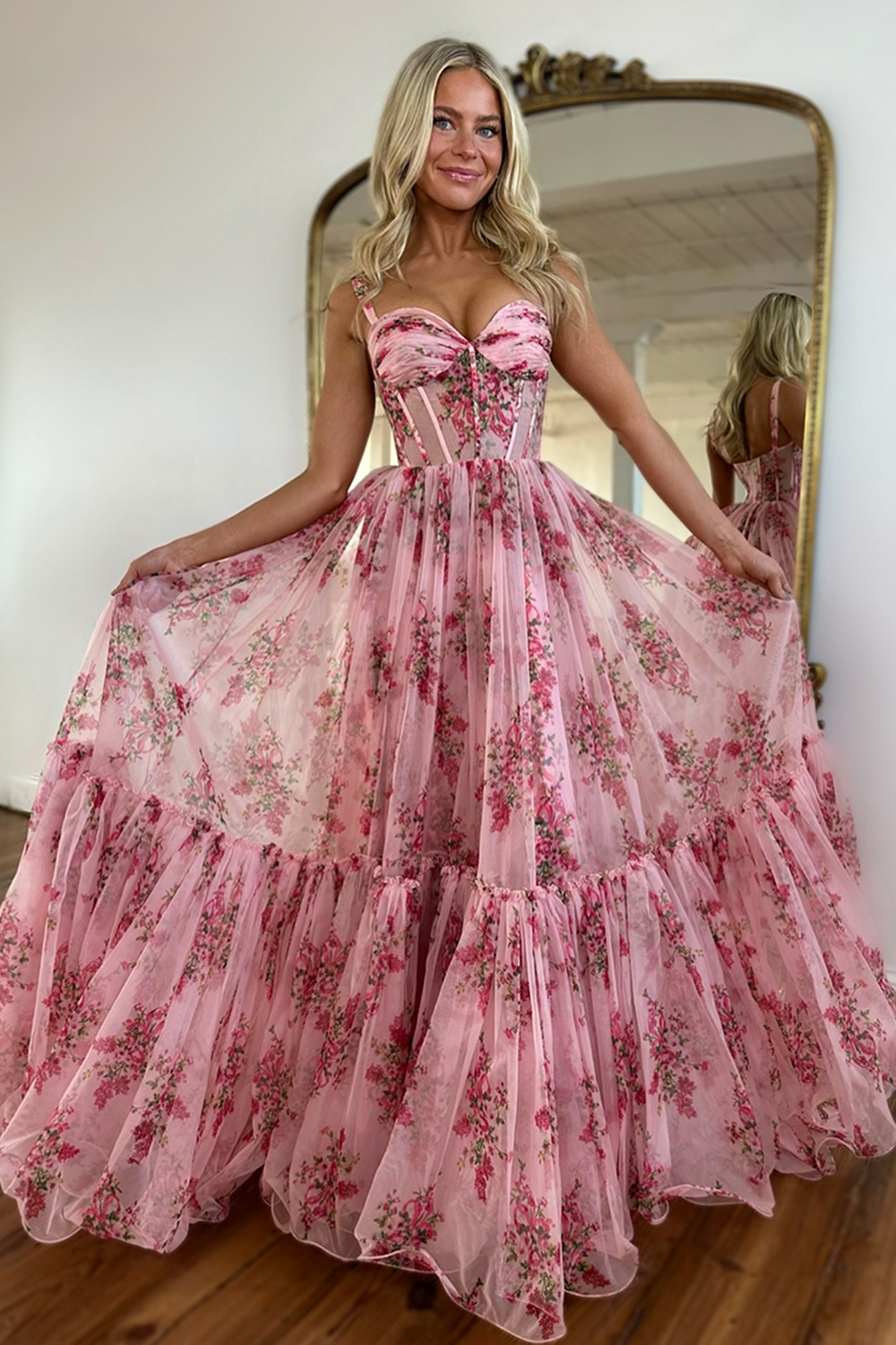 Blush Spaghetti Straps Corset A-Line Floral Long Prom Dress