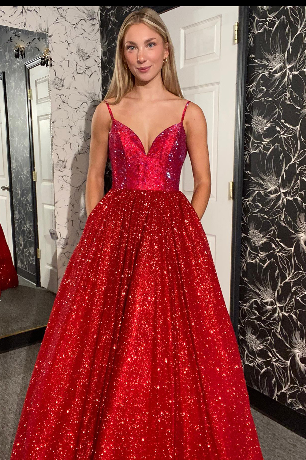 Sparkly Red Spaghetti Straps A-Line Long Prom Dress