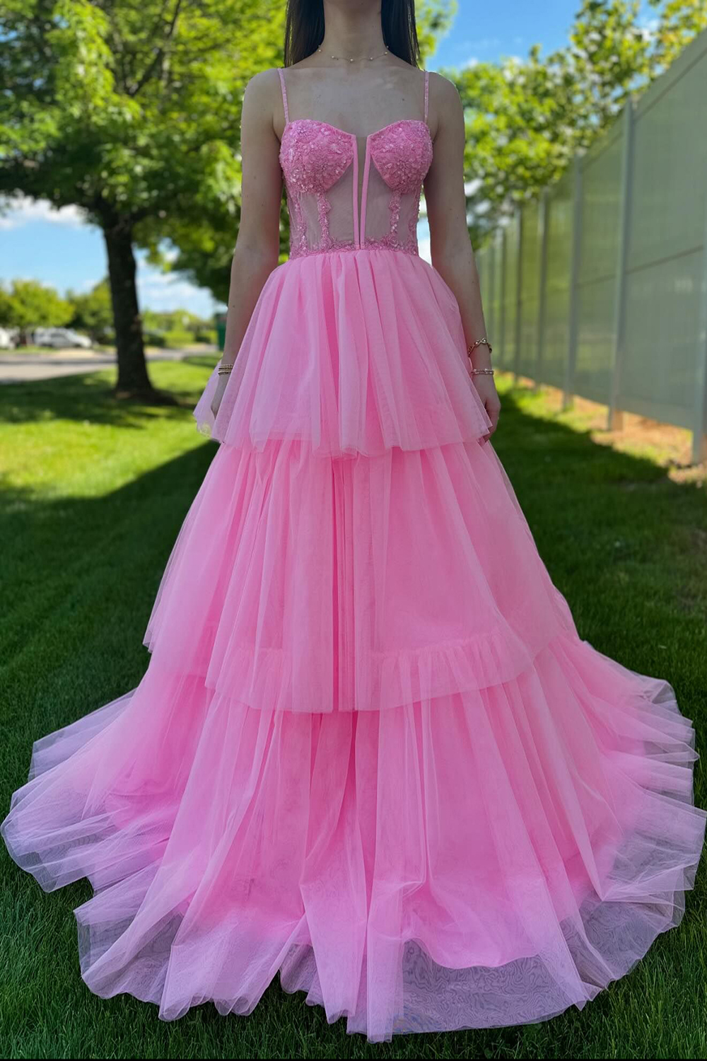 Pink Floral Tiered A-Line Spaghetti Straps Long Prom Dress