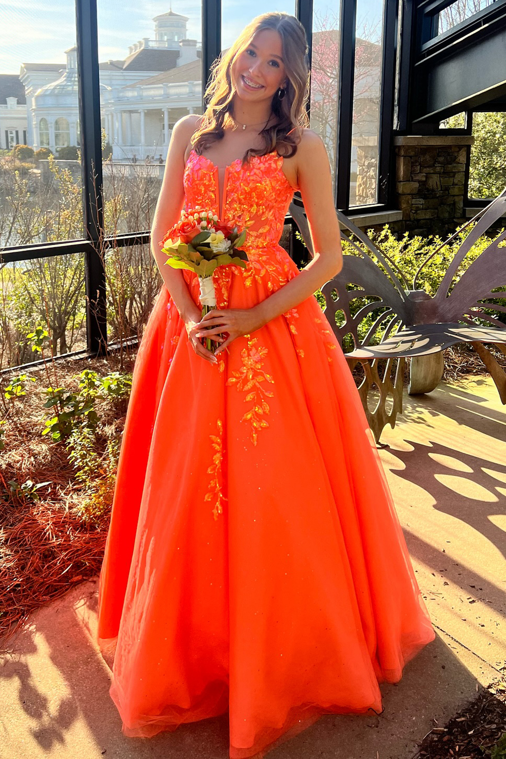 Sparkly Orange Floral A-Line Spaghetti Straps Tulle Long Prom Dress