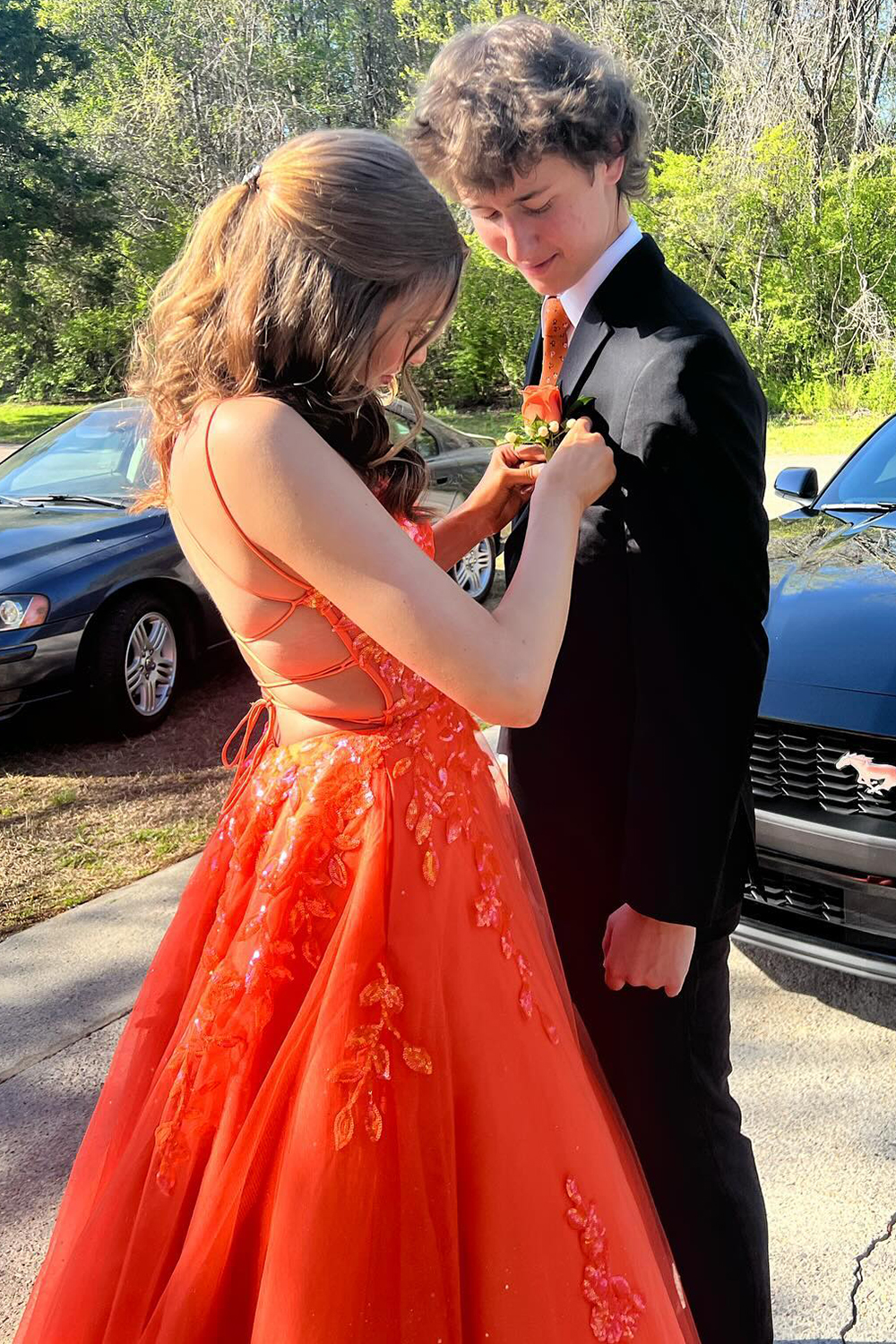 Sparkly Orange Floral A-Line Spaghetti Straps Tulle Long Prom Dress