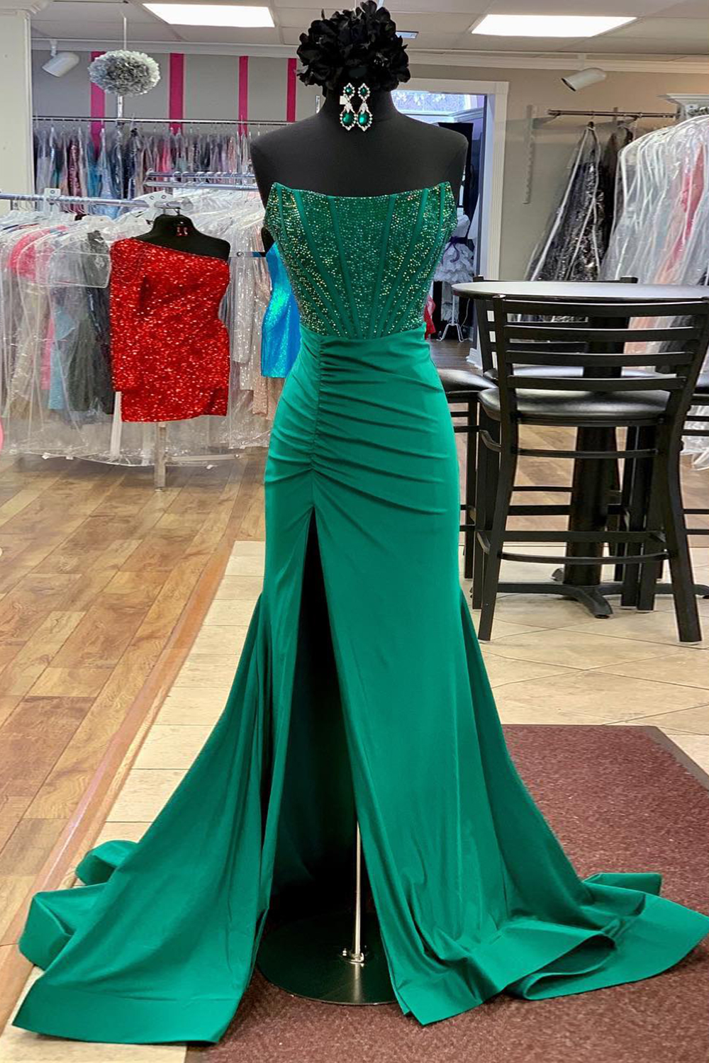Emerald Green Beaded Satin Strapless Mermaid Long Prom Dress with Slit