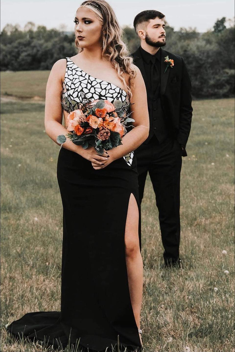 Black One Shoulder Mirror Mermaid Satin Long Prom Dress with Slit