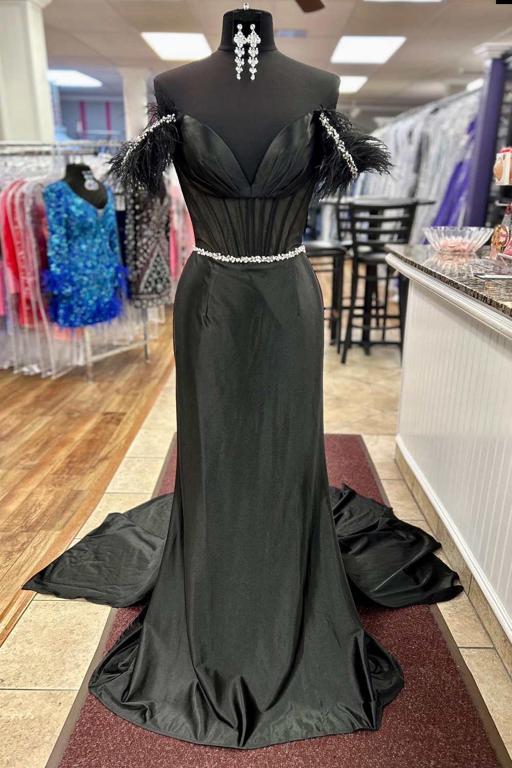 Black Off The Shoulder Beaded Mermaid Long Prom Dress with Feathers