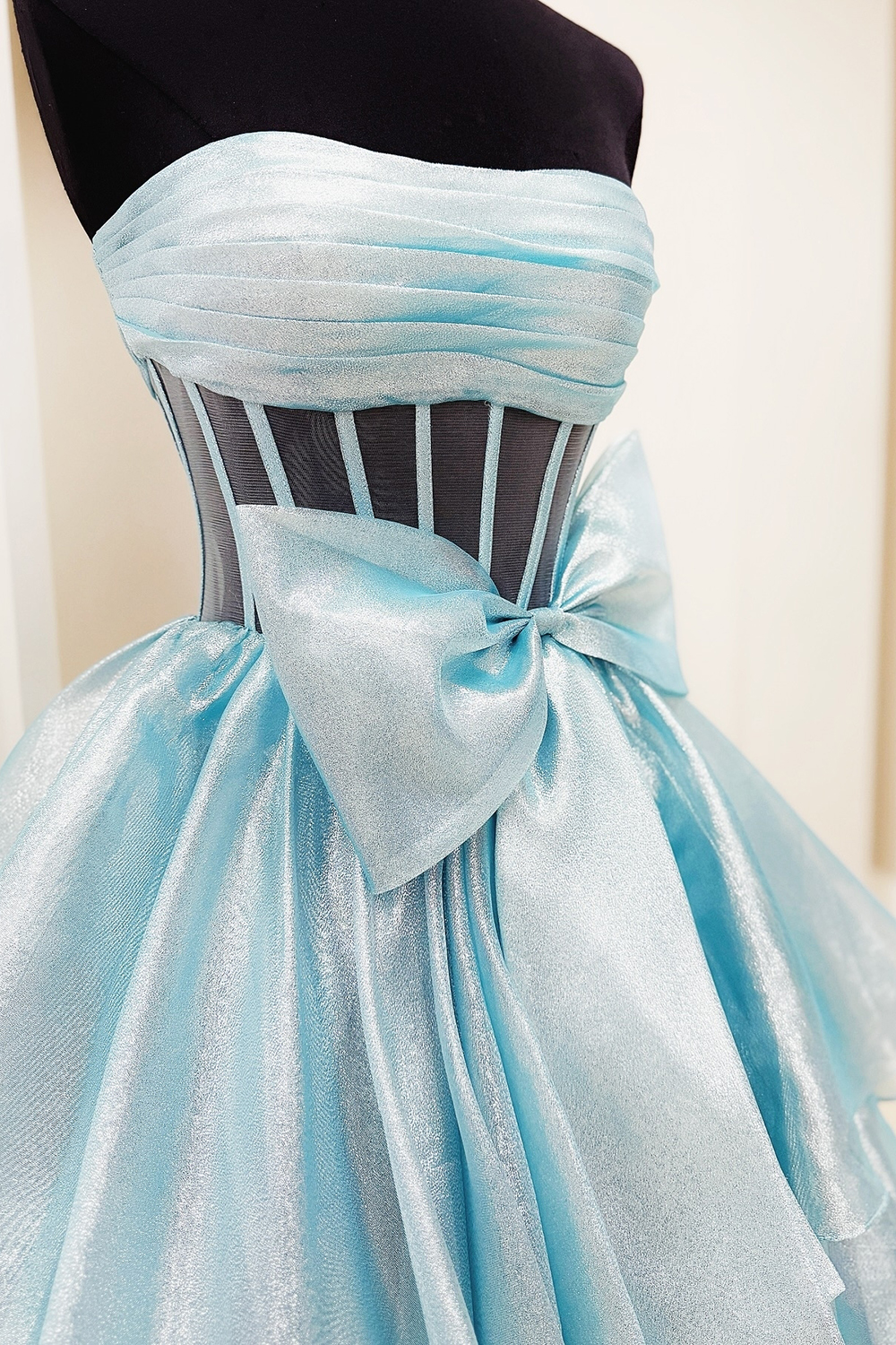 Sparkly Pink Strapless Ruffled Long Prom Dress with Bow