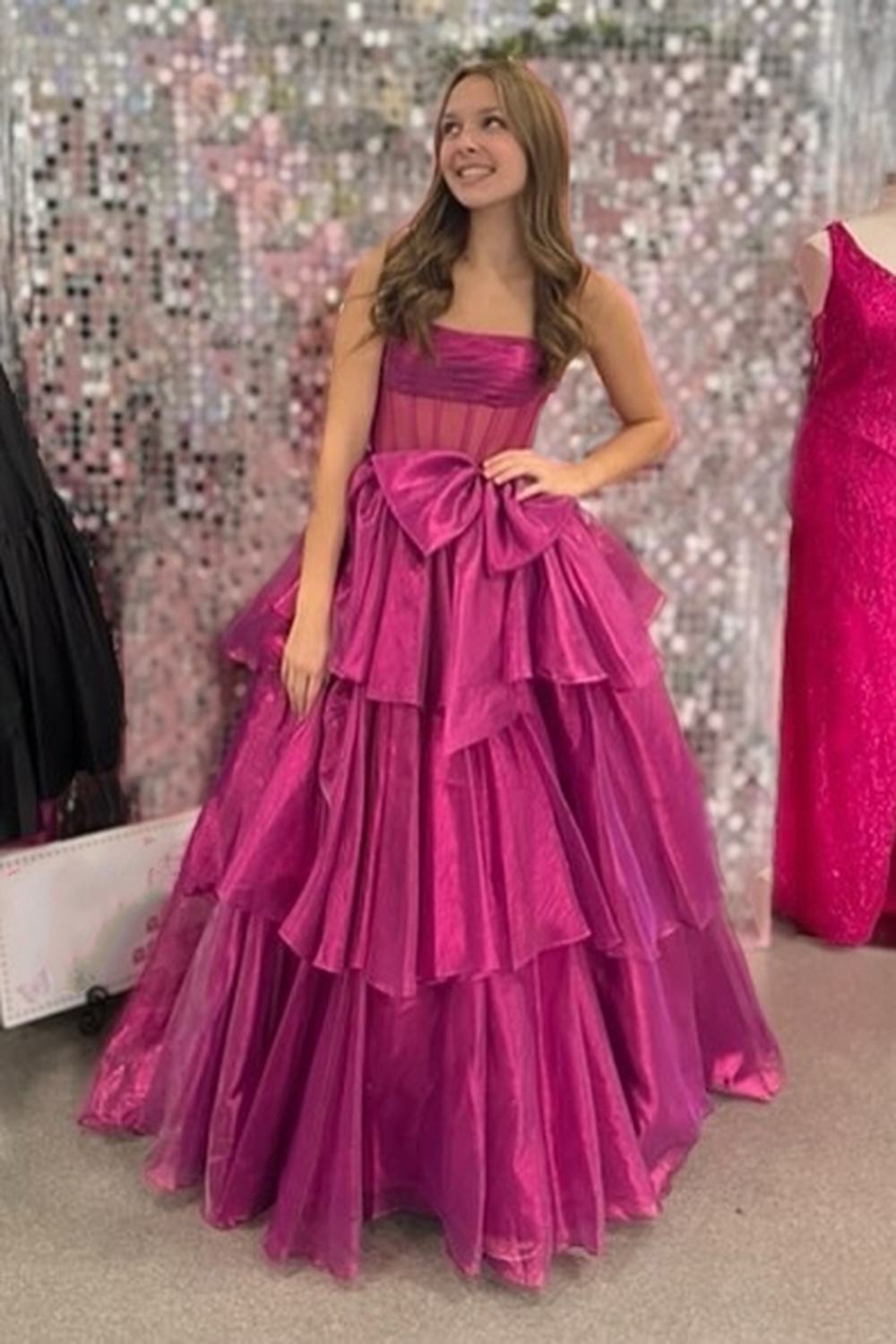 Sparkly Pink Strapless Ruffled Long Prom Dress with Bow