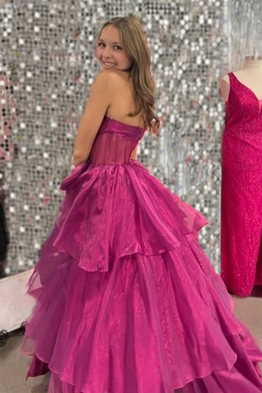 Sparkly Pink Strapless Ruffled Long Prom Dress with Bow