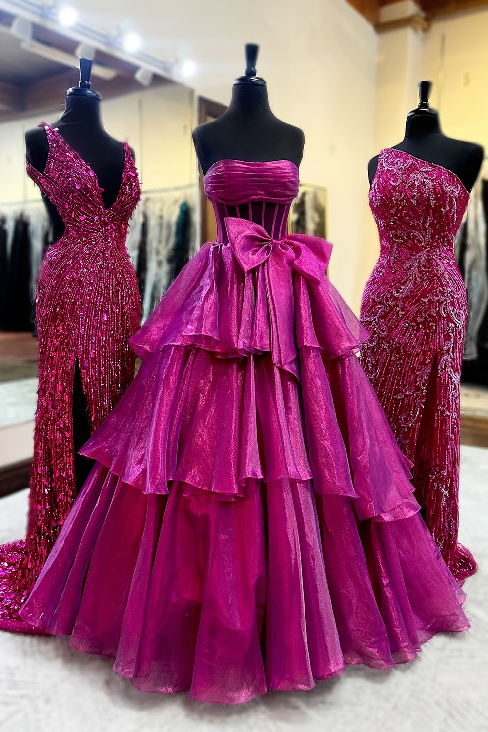 Sparkly Pink Strapless Ruffled Long Prom Dress with Bow