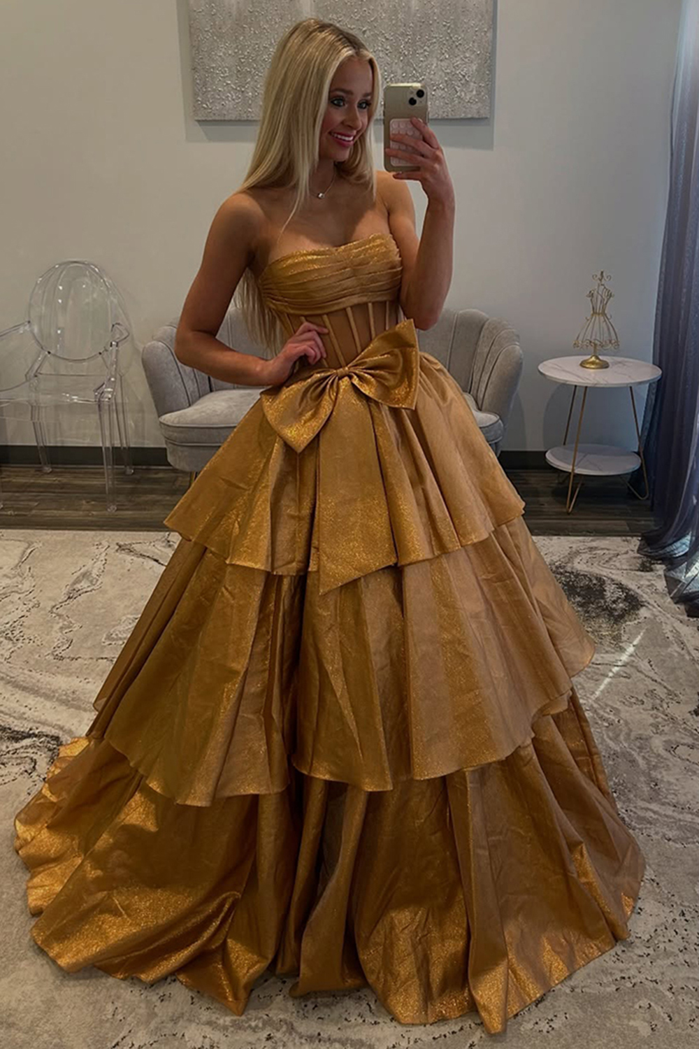 Sparkly Pink Strapless Ruffled Long Prom Dress with Bow