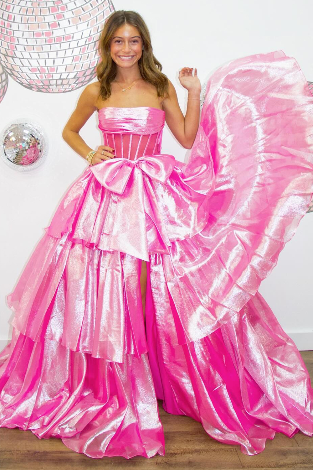 Sparkly Pink Strapless Ruffles Tiered Long Prom Dress with Bow