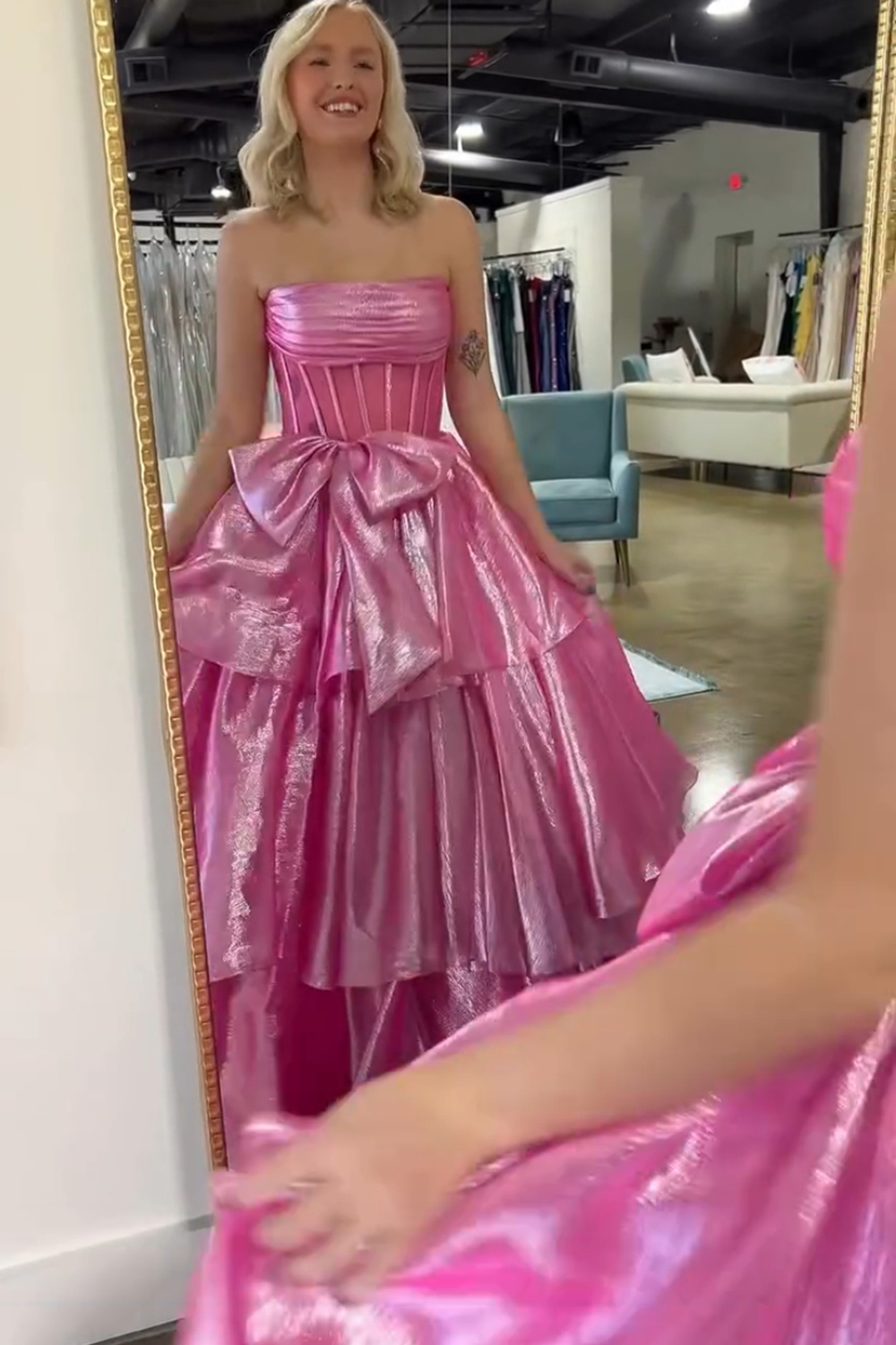 Sparkly Pink Strapless Ruffled Long Prom Dress with Bow