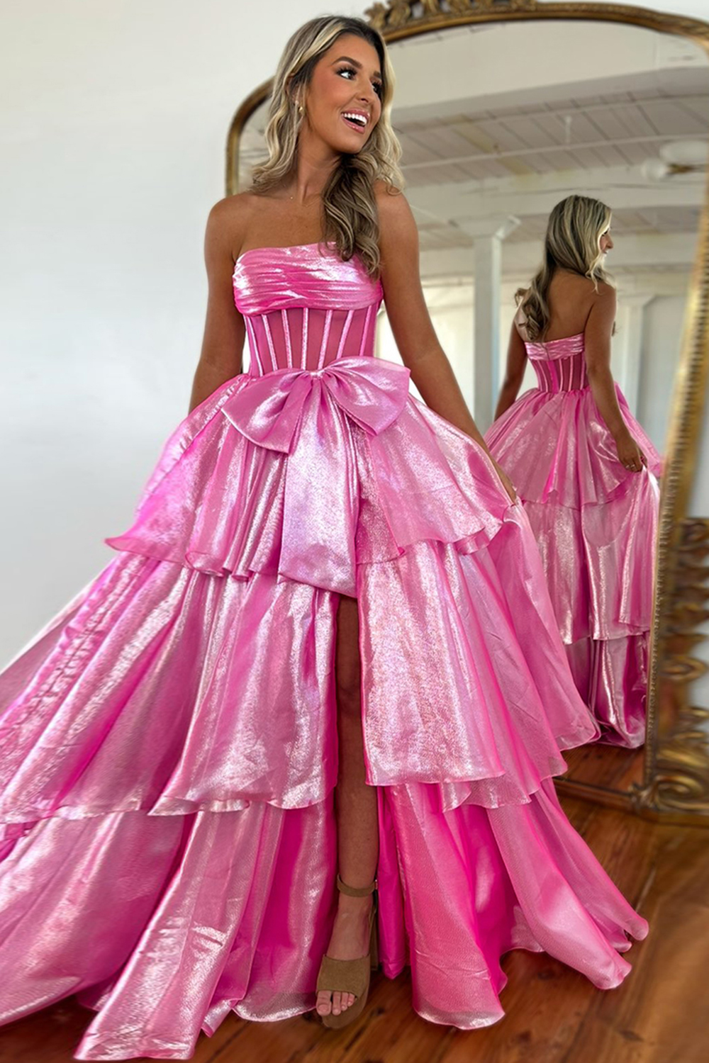Pink Sparkly Strapless Ruffled Long Prom Dress with Bow