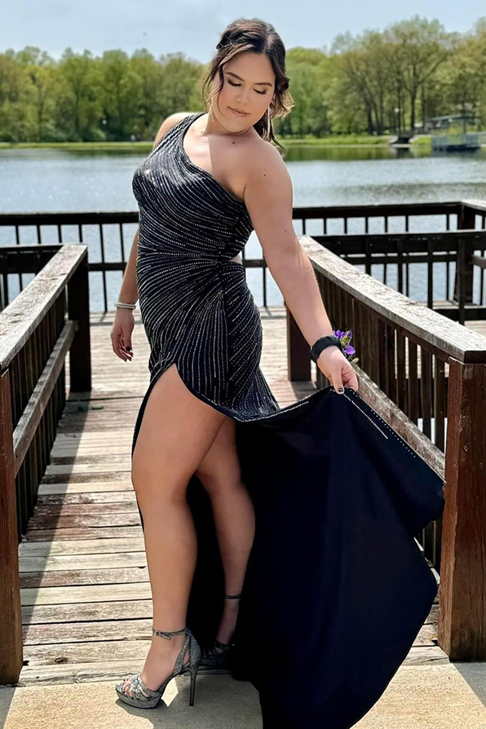 Sparkly Black Mermaid One Shoulder Long Prom Dress with Slit