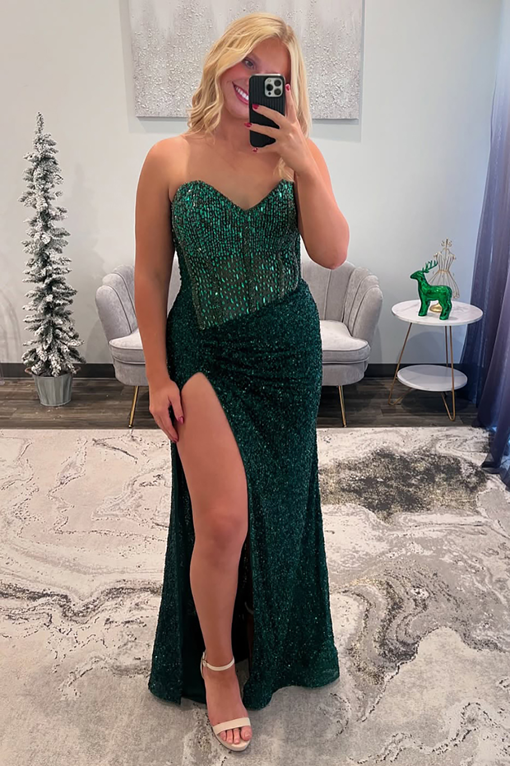 Sparkly Blue Sweetheart Long Prom Dress with Slit