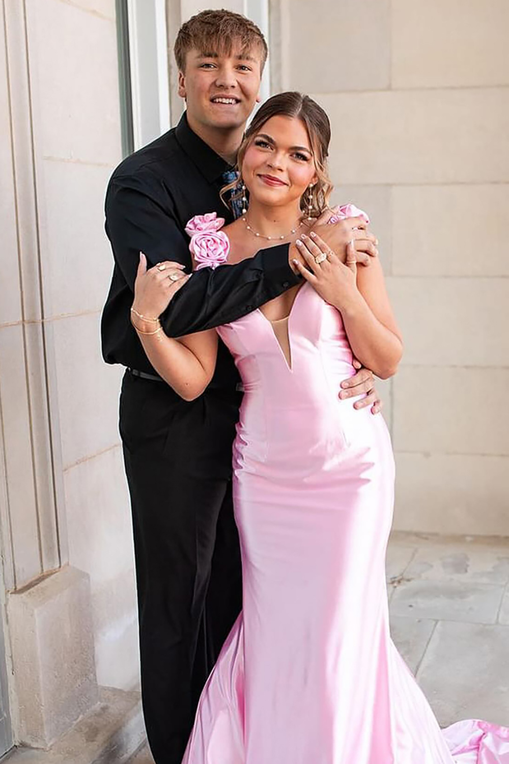 Pink Floral V-Neck Satin Mermaid Long Prom Dress