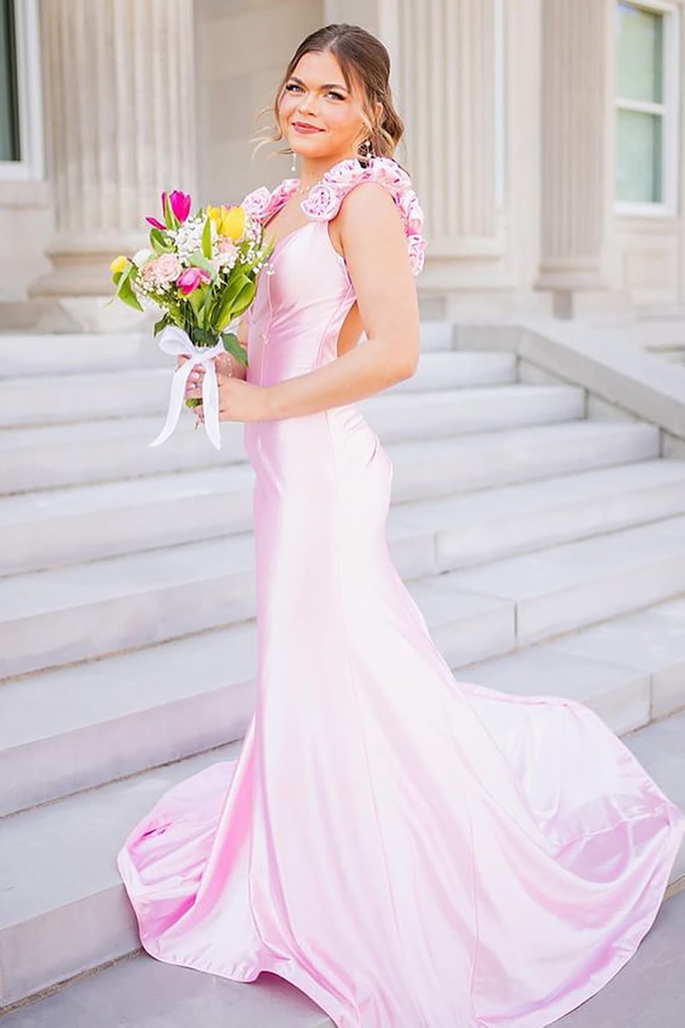 Pink Floral V-Neck Satin Mermaid Long Prom Dress