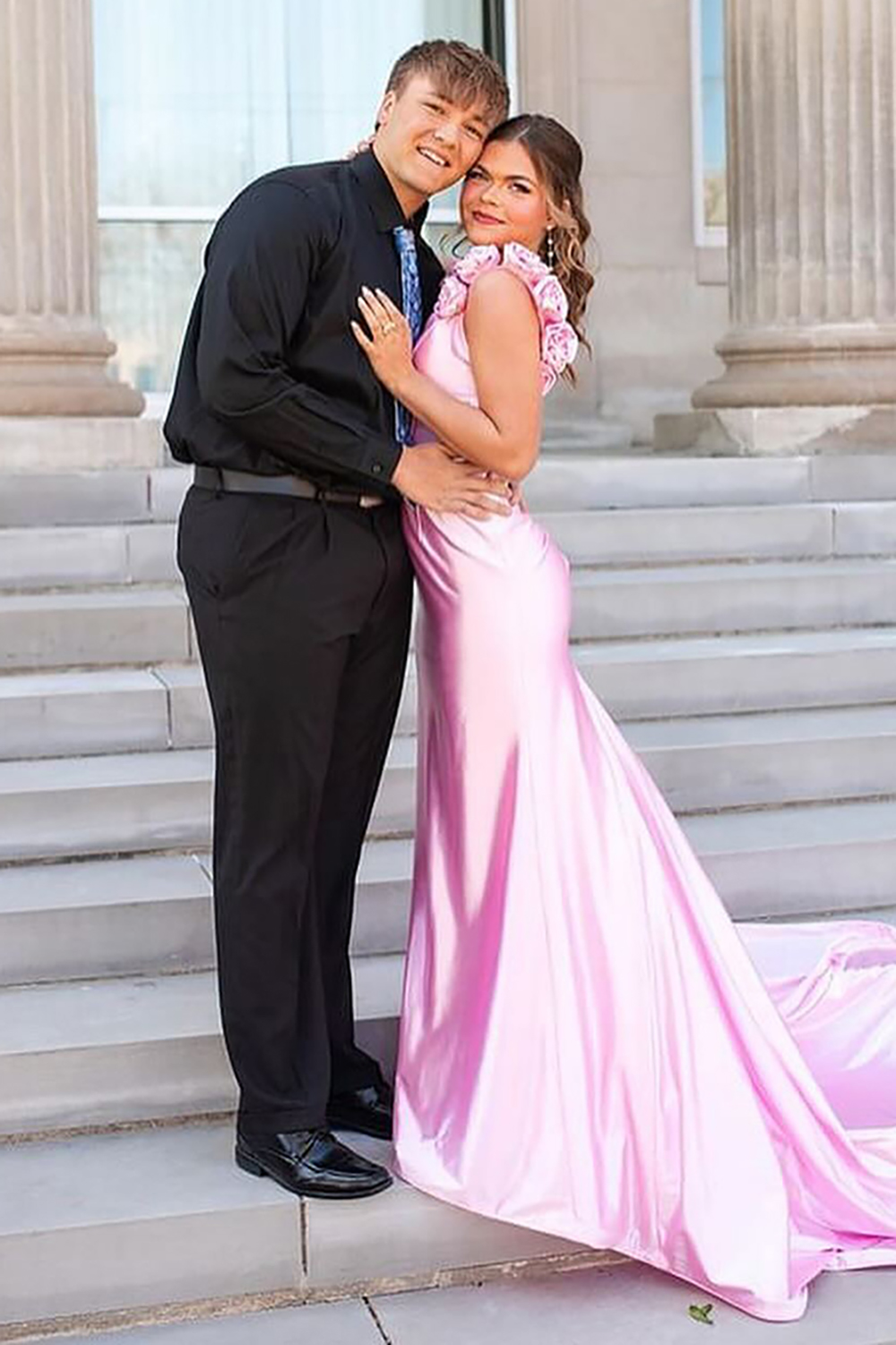 Pink Floral V-Neck Satin Mermaid Long Prom Dress