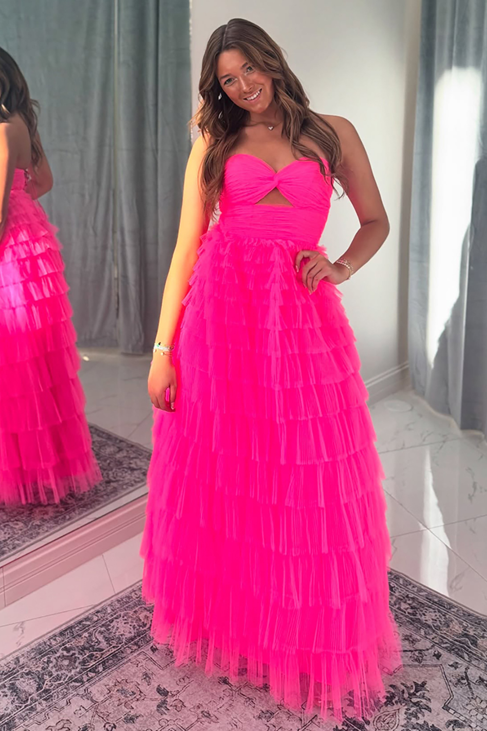 A-Line Fuchsia Tiered Sweetheart Hollow Out Long Prom Dress