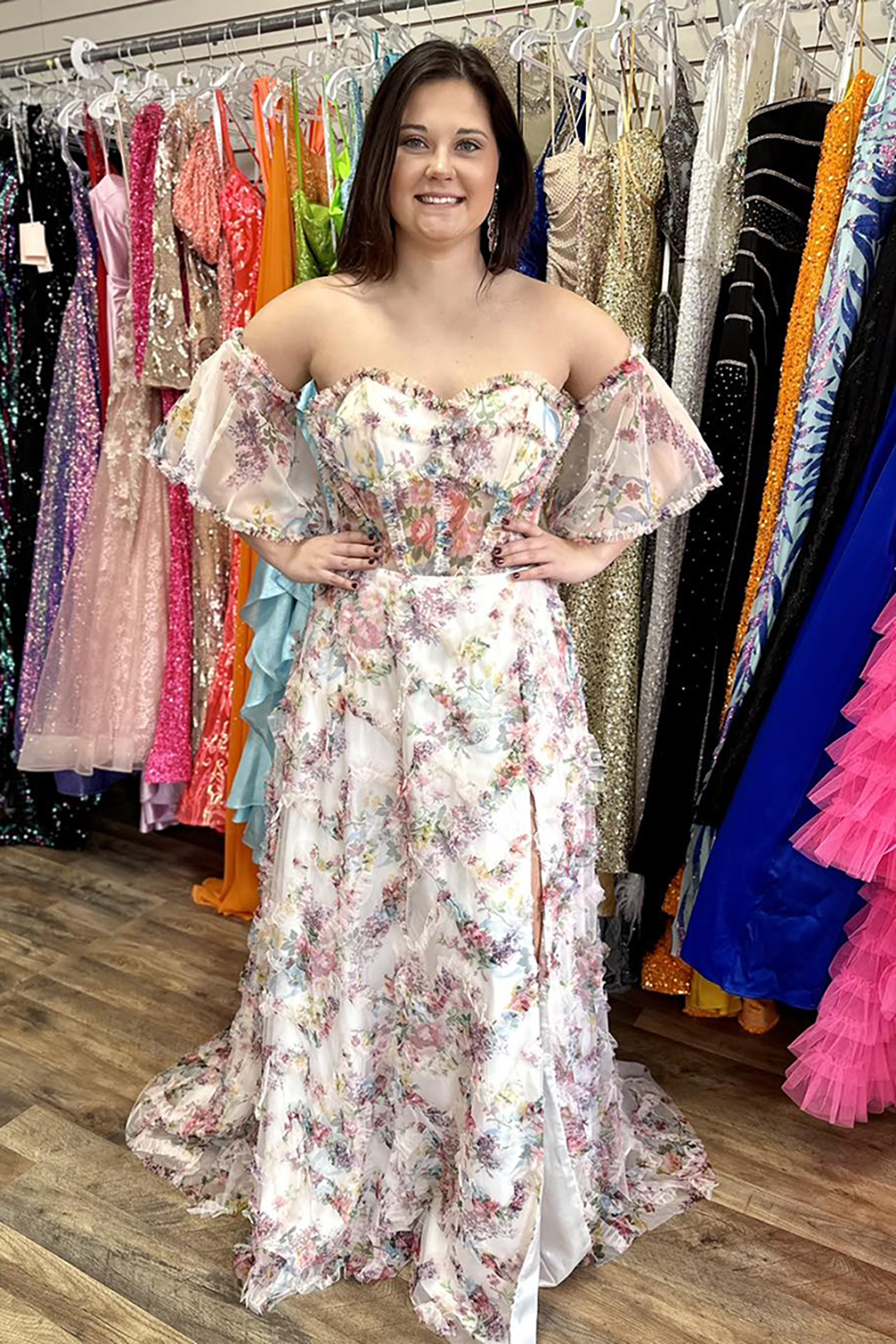 White Floral A-Line Sweetheart Long Prom Dress with Slit