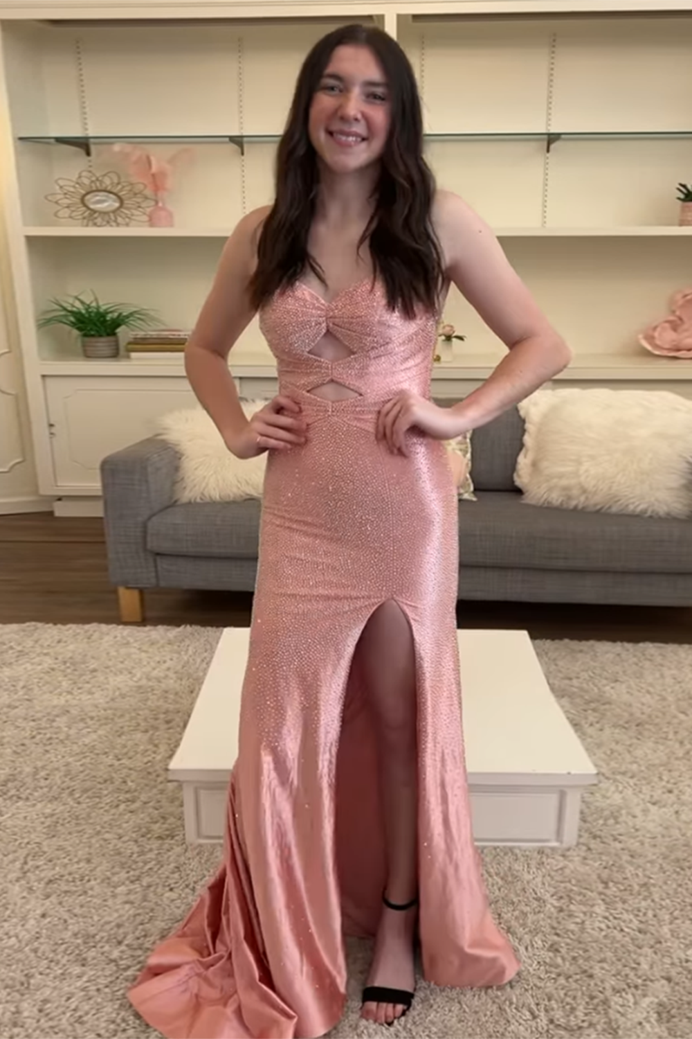 Sparkly Yellow Hollow Out Sweetheart Prom Dress with Slit