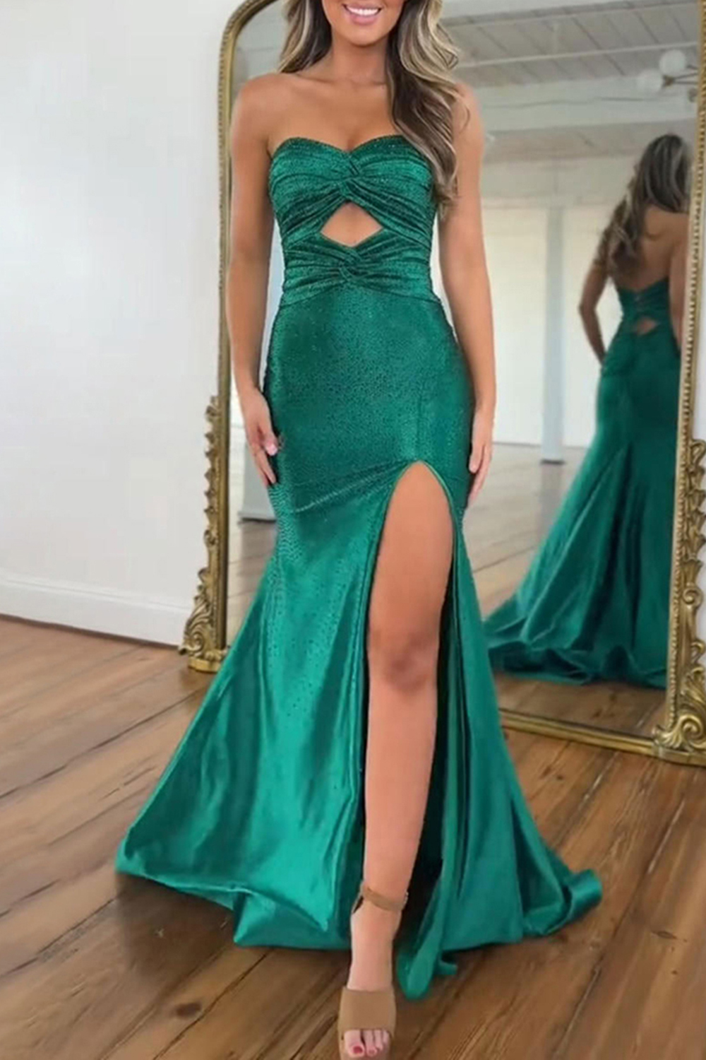 Sparkly Dark Green Mermaid Beaded Sweetheart Satin Long Prom Dress with Slit