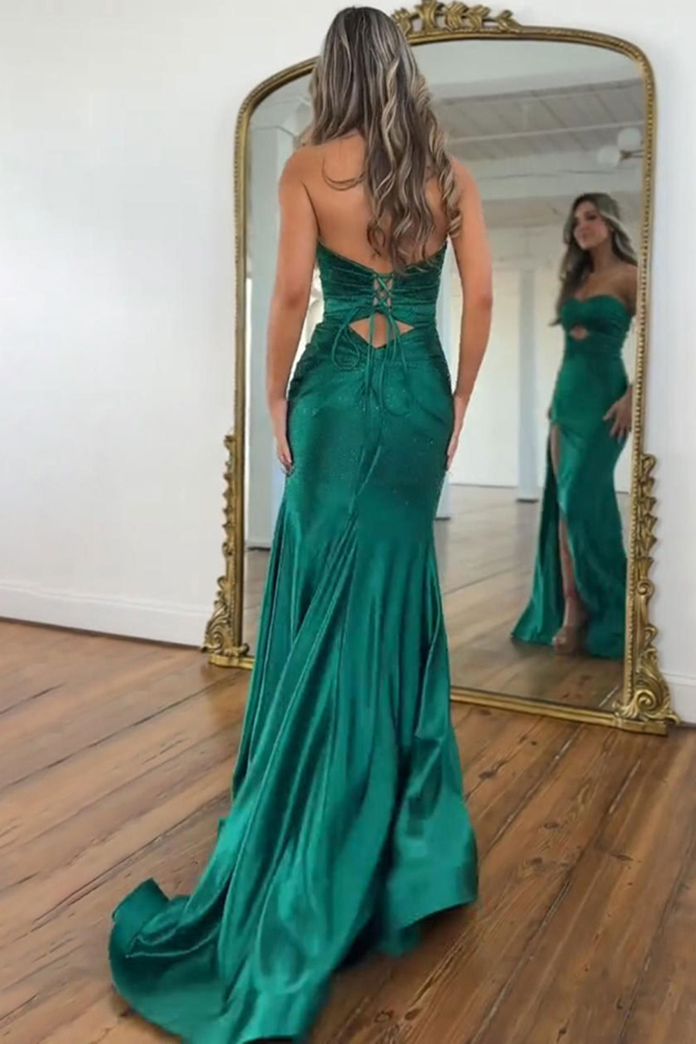 Sparkly Dark Green Mermaid Beaded Sweetheart Satin Long Prom Dress with Slit