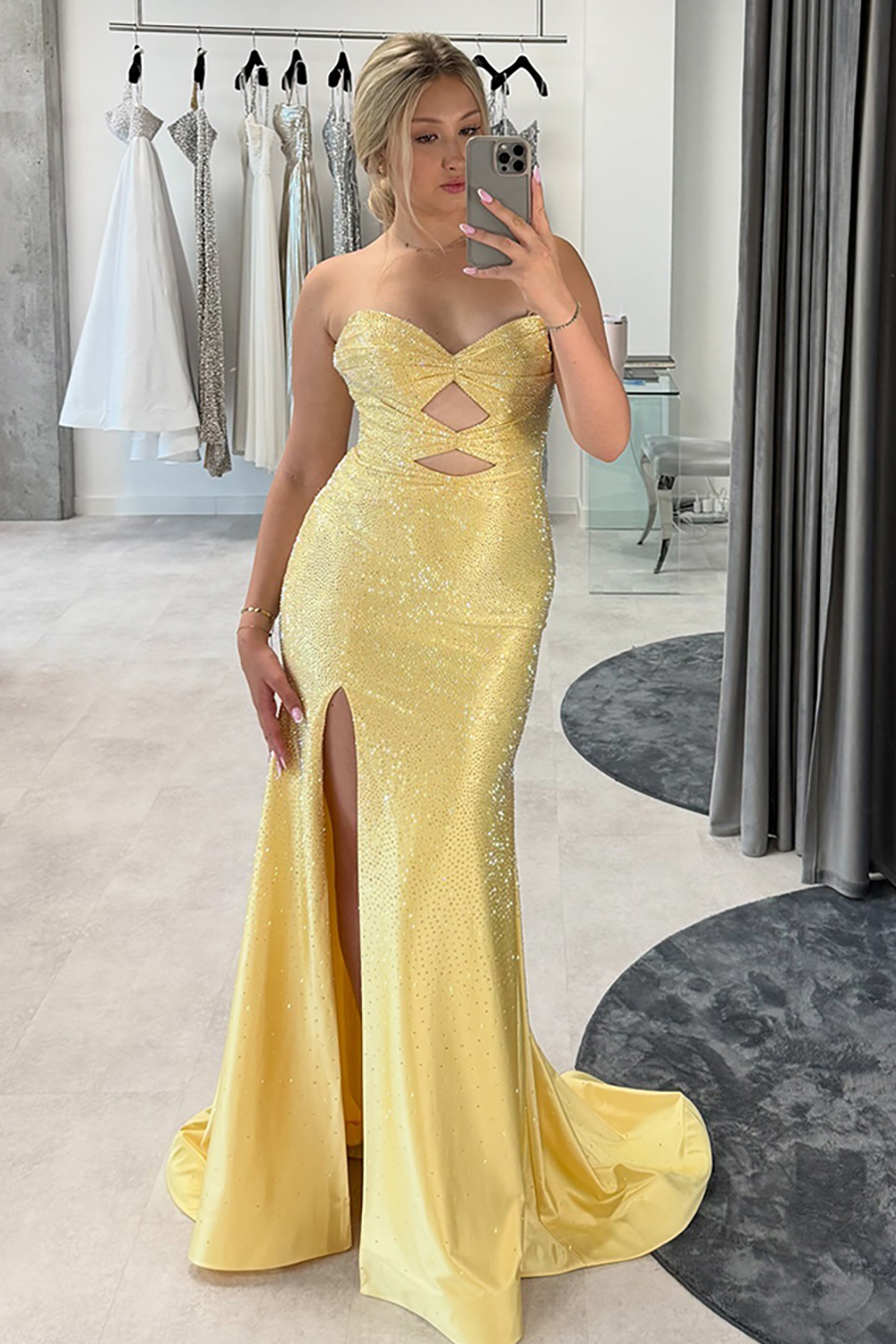 Sparkly Navy Hollow Out Sweetheart Long Prom Dress with Slit