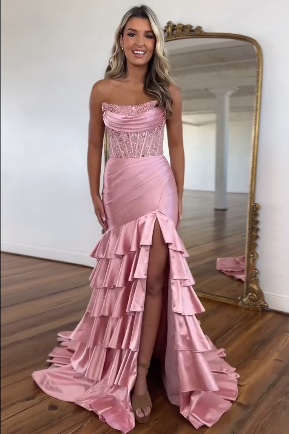 Ruffled Blush Mermaid Corset Satin Prom Dress with Slit