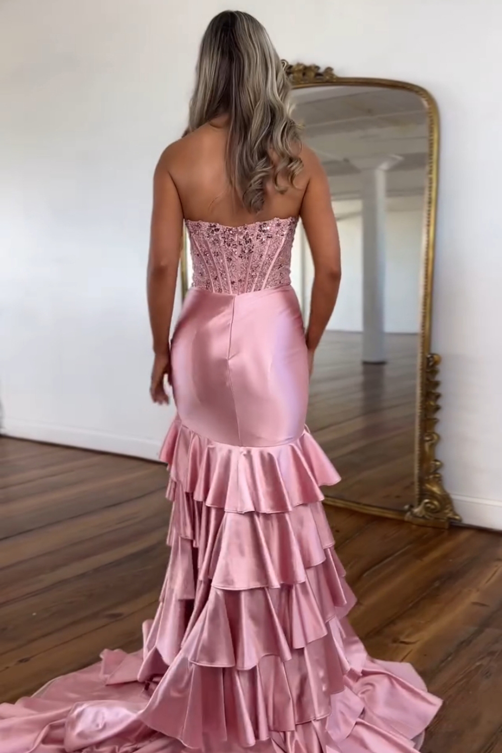 Blush Tiered Mermaid Sequined Long Prom Dress with Slit