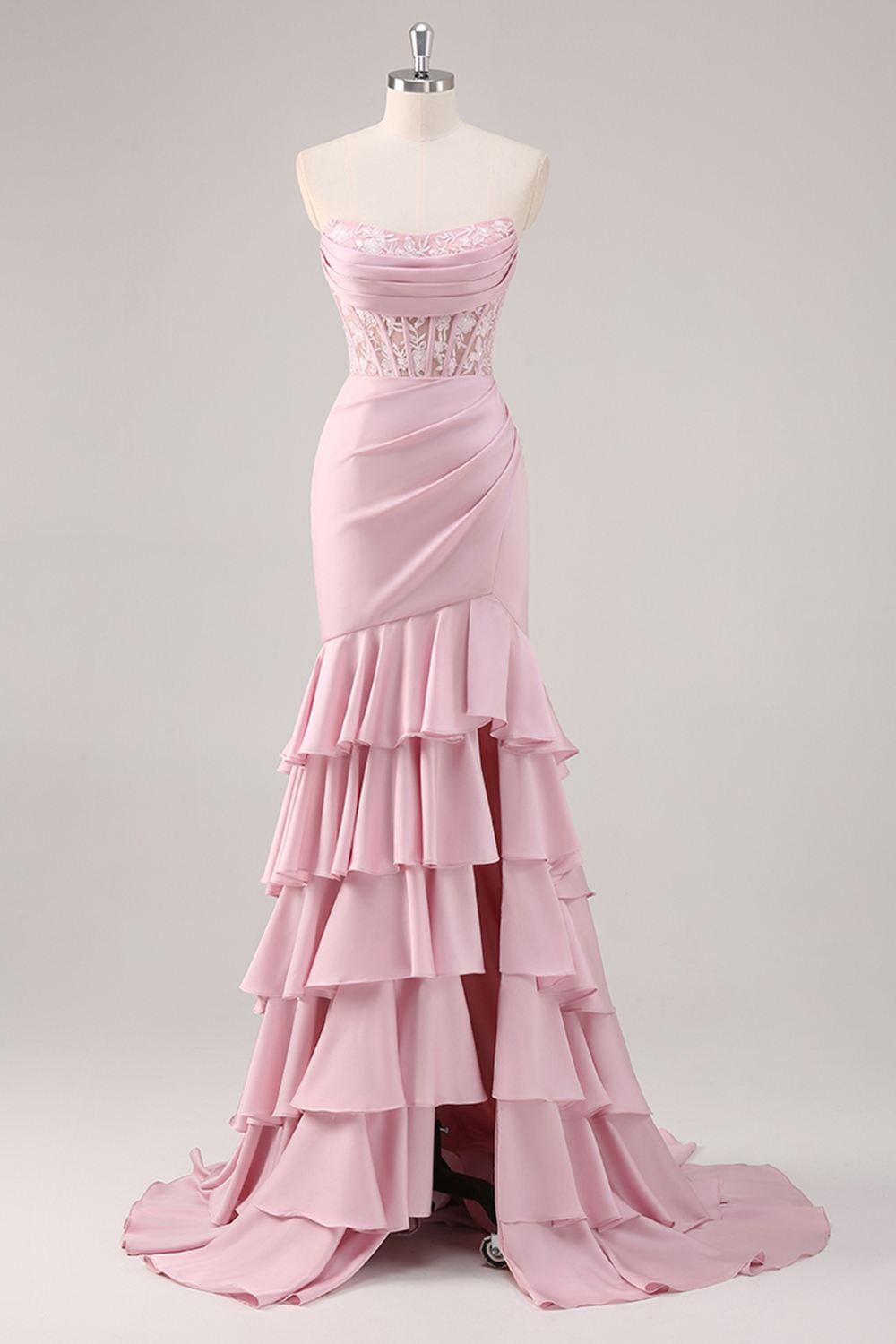 Ruffled Blush Mermaid Corset Satin Prom Dress with Slit