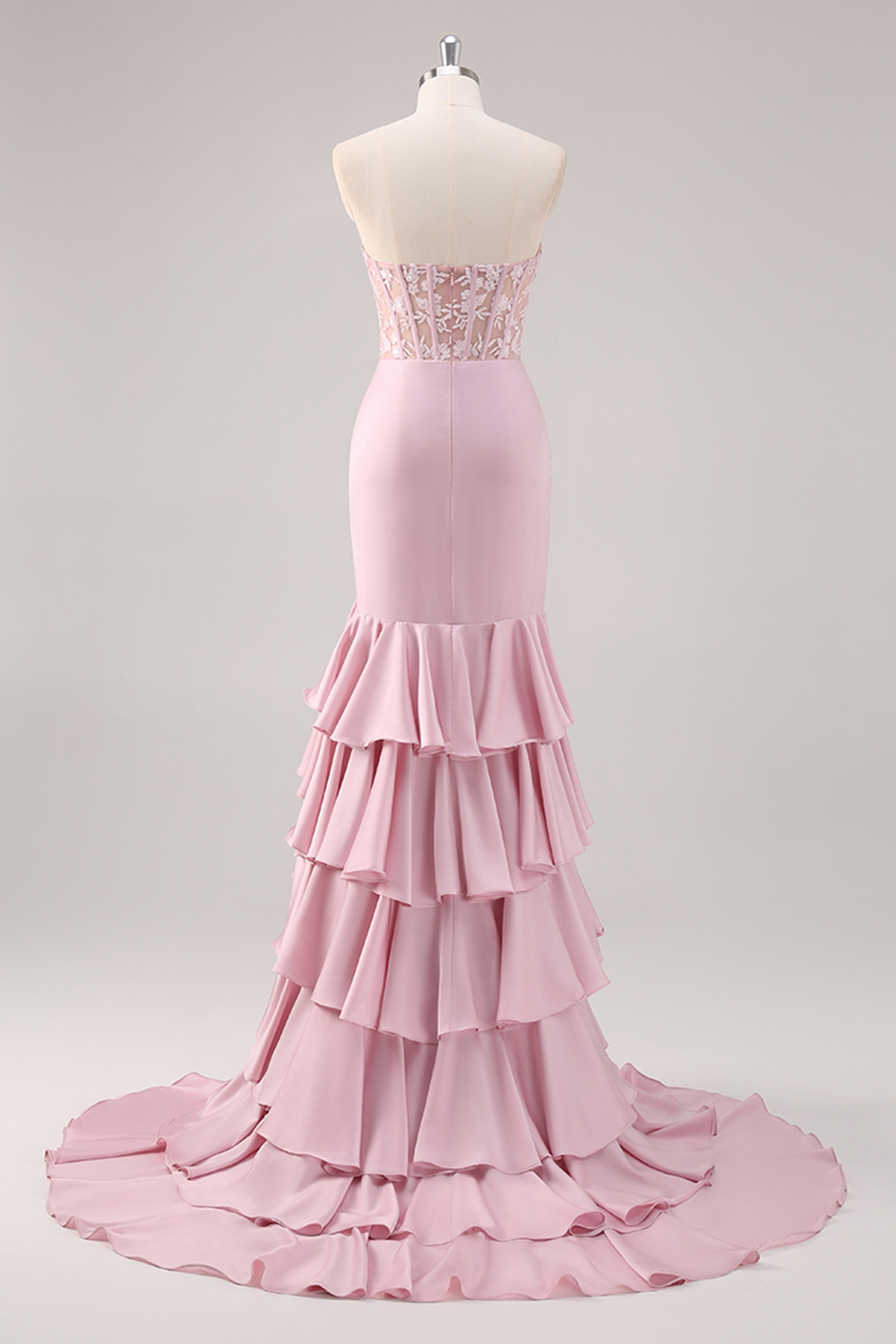 Ruffled Blush Mermaid Corset Satin Prom Dress with Slit
