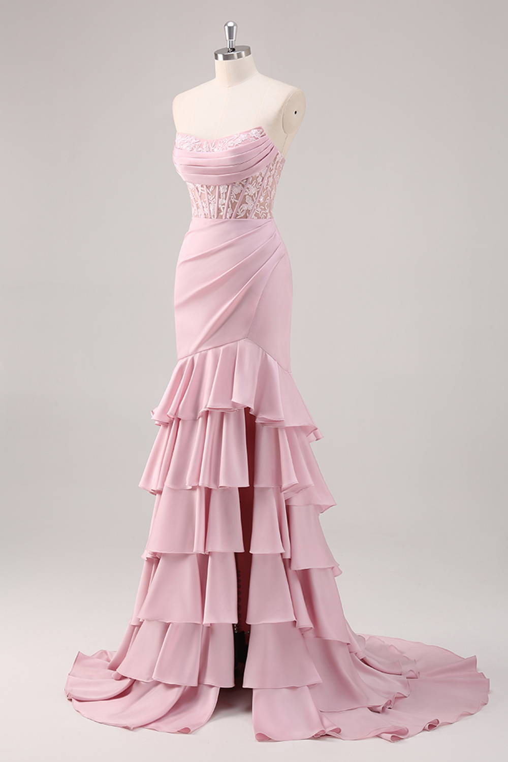 Ruffled Blush Mermaid Corset Satin Prom Dress with Slit